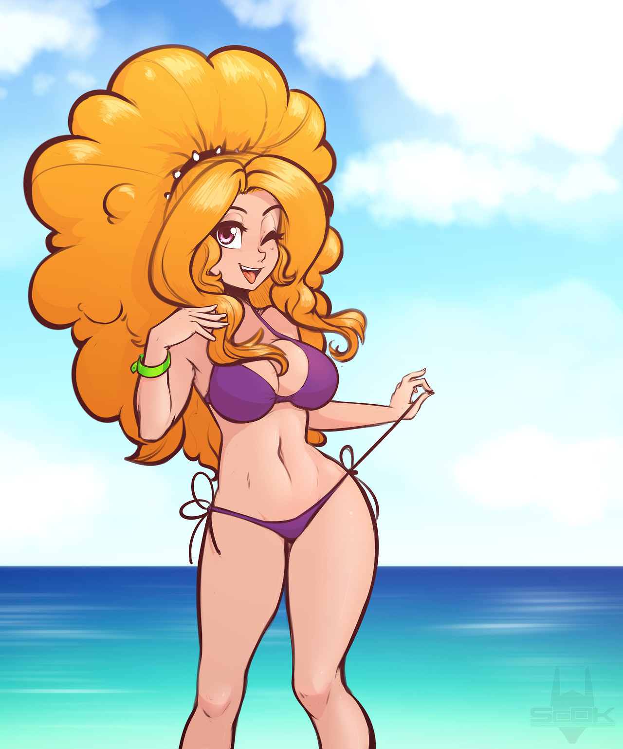 1girls, adagio dazzle, big hair, bikini, breasts, cleavage, curvy, curvy body, curvy female, curvy figure, equestria girls, female, female only, friendship is magic, hairband, hasbro, human, human only, humanized, large breasts, light skin, light-skinned female, long hair, my little pony, navel, ocean background, one eye closed, one eye open, open mouth, orange hair, outdoors, purple bikini, purple bra, purple eyes, purple panties, rainbow rocks, scorpdk, side-tie bikini, solo, swimsuit, thighs, tongue, tongue out, tumblr link, two piece swimsuit, wink
