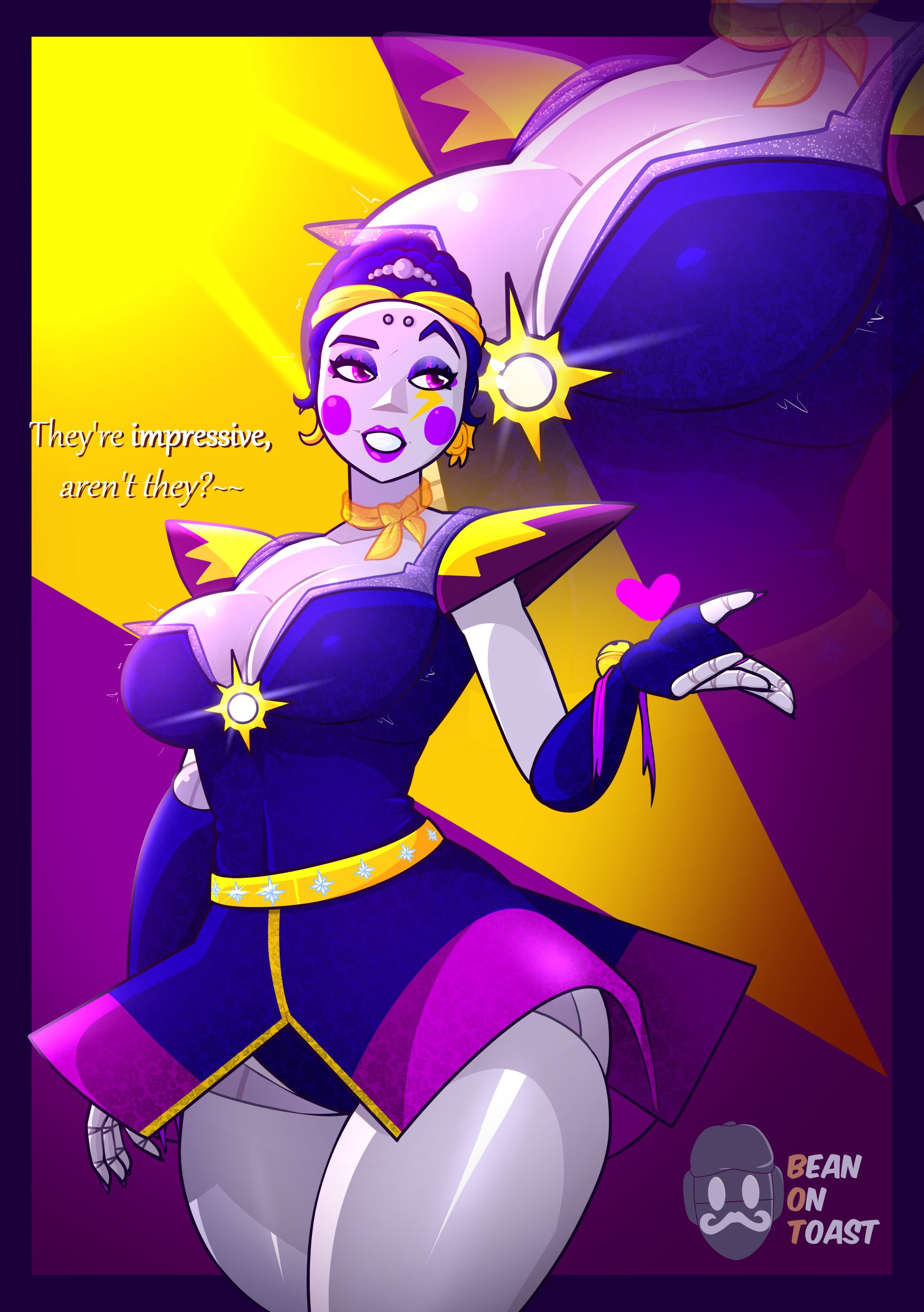 2026, 2d, 2d (artwork), 2d artwork, animatronic, animatronic female, artist logo, artist name, ballerina, ballora, ballora (fnafsl), beanontoast, big breasts, blue hair, blue hair female, cleavage, covered breasts, dialogue, female, five nights at freddy's, five nights at freddy's: security breach, glamrock ballora, robot, robot girl, skirt, solo, thick thighs