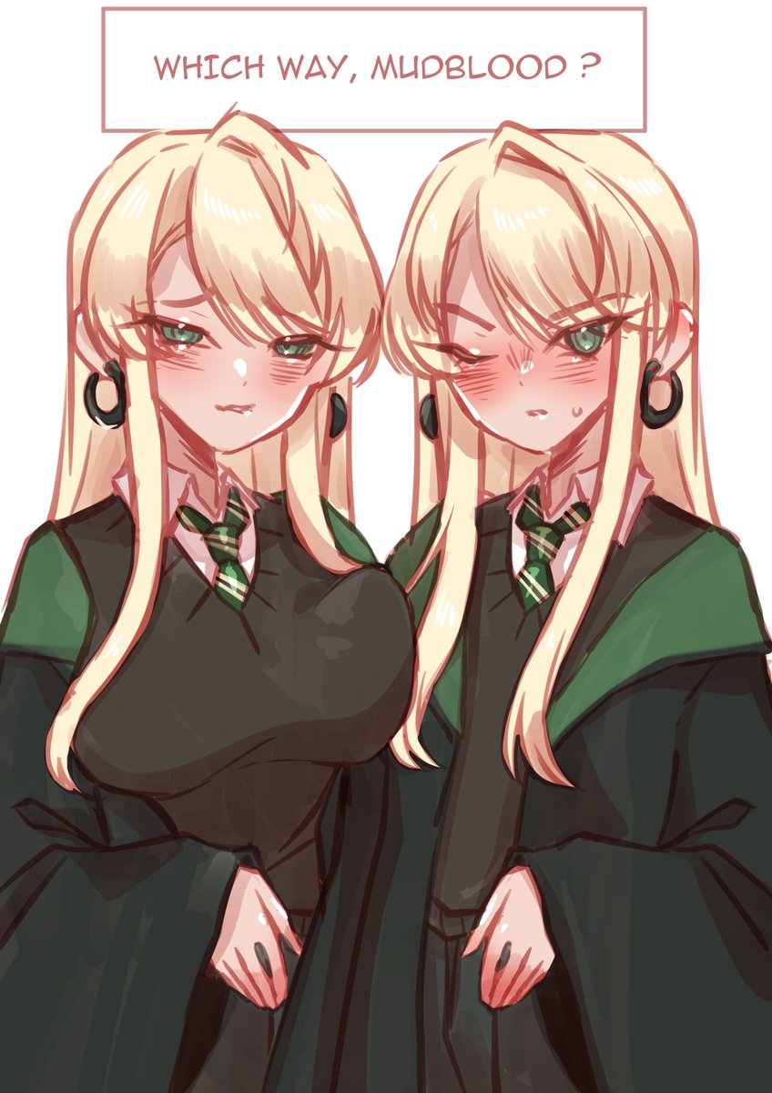 2girls, blush, breasts, draco malfoy, draco malfoy (redteneri), harry potter, looking at viewer