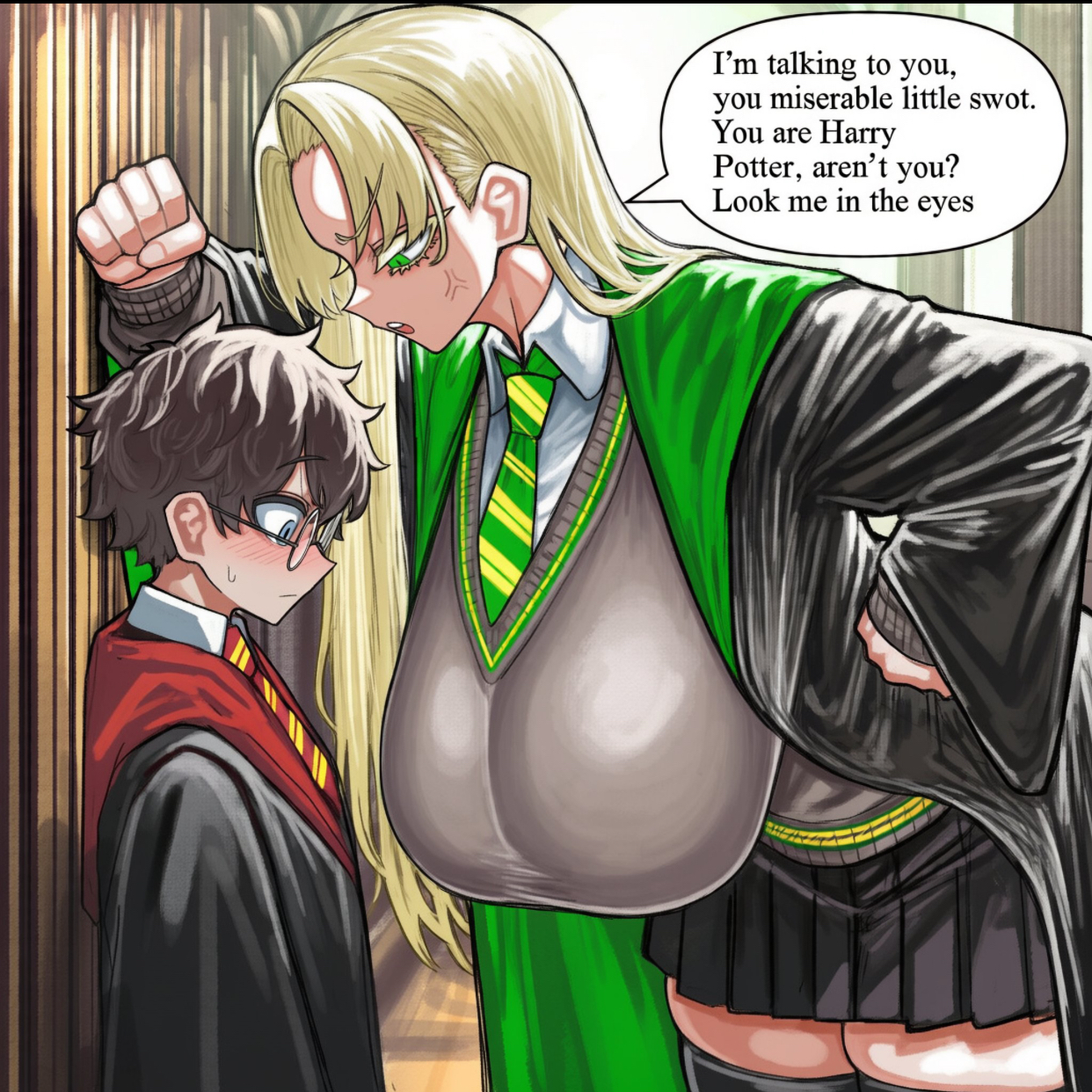 1boy, 1girls, breasts, draco malfoy, draco malfoy (redteneri), dress, harry potter, skirt, translated
