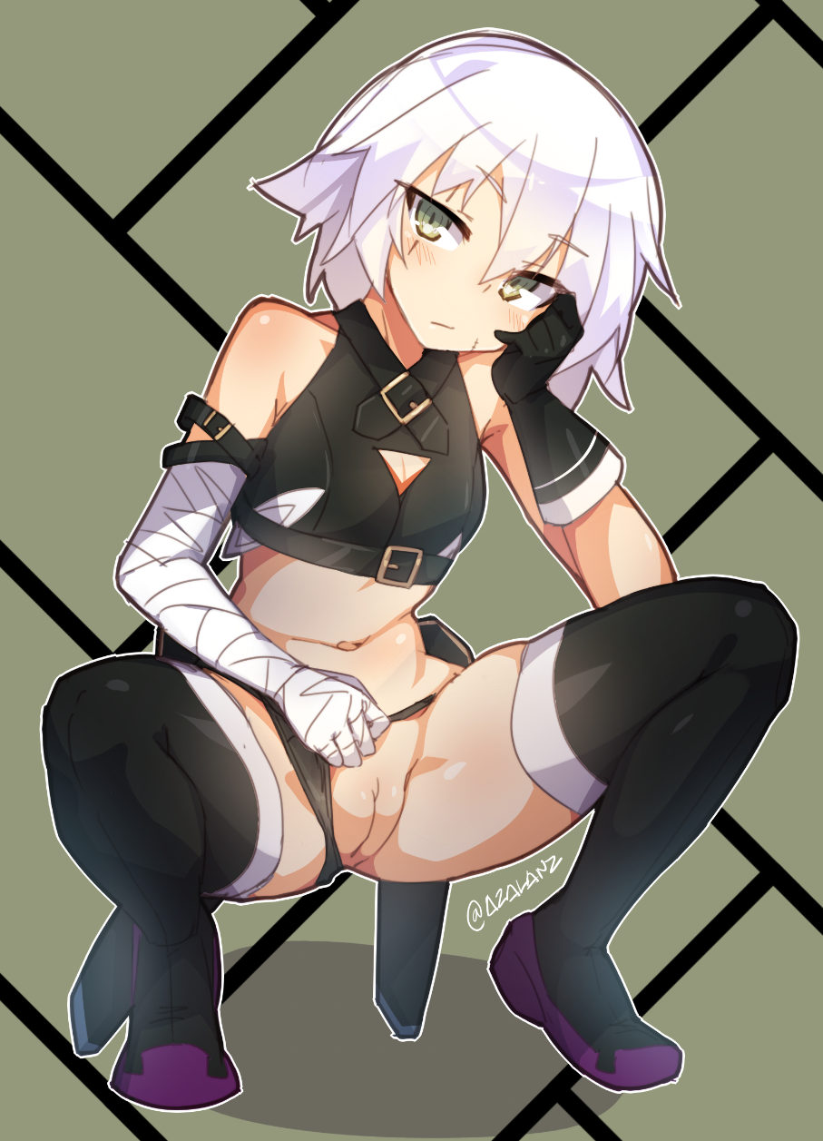 1girls arm_support assassin_of_black bandage bandaged_arm bare_shoulders black_footwear black_gloves black_panties blush boots buckle cleft_of_venus closed_mouth crop_top facial_scar fate/apocrypha fate_(series) female female_only flat_chest full_body gloves green_eyes hand_on_own_cheek head_rest head_tilt highres jack_the_ripper_(fate/apocrypha) looking_at_viewer navel outline panties panties_aside petite presenting pussy scar scar_across_eye short_hair silver_hair single_glove skindentation sleeveless solo squatting stomach thigh_boots thighhighs tilt-shift tilt-shift_(azalanz) tsurime twitter_username two-tone_background uncensored underwear