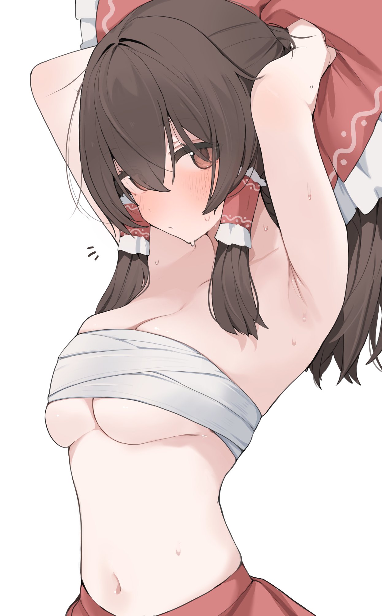 1girl, 1girls, armpits, arms behind head, arms up, bandage, bare shoulders, belly, belly button, big breasts, blush, blush lines, blushing, blushing at viewer, bow, breasts, brown hair, chest sarashi, cleavage, collarbone, covered nipples, frilled bow, frilled ribbon, frills, hair on breasts, hair ornament, hair tubes, hands behind head, large breasts, long hair, long sidelocks, looking at viewer, miko, mikozin, navel, nervous, no shirt, reimu hakurei, ribbon, sarashi, sideboob, sidelocks, simple background, skirt, solo, solo female, solo focus, squish, squished breasts, stomach, sweat, sweatdrop, sweating, sweaty, sweaty body, touhou, tying hair, upper body, upper body focus, upper body only, white background
