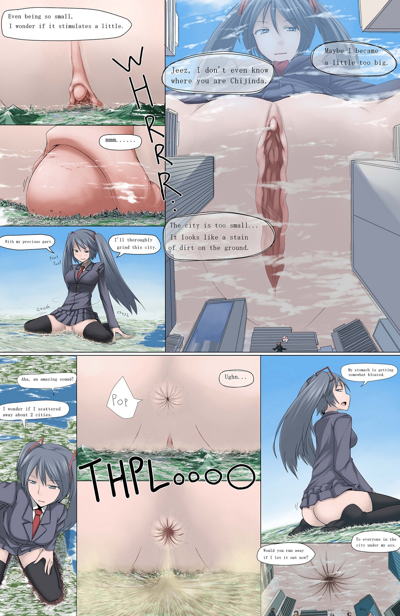 clitoris, crush, fart, female, female only, giant, giantess, grey hair, legwear, long hair, looking down, ochiko terada, pussy, text, tied hair