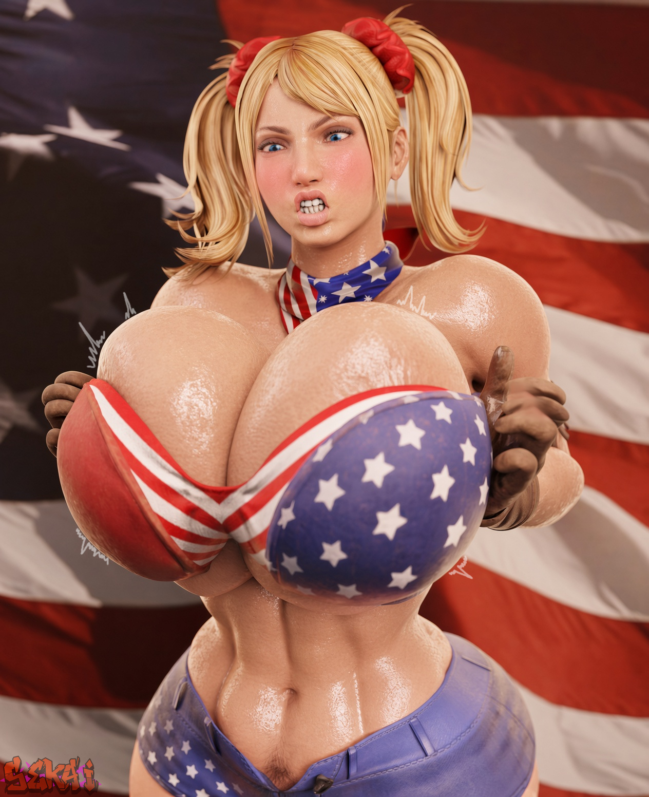 3d, abs, bare midriff, blonde hair, busty, cleavage, female, female focus, female only, hourglass figure, juliet starling, lollipop chainsaw, long hair, pubes, pubic hair, pubic hair peek, sekaithereturn, sweat, tagme, twintails, wardrobe malfunction, wide hips