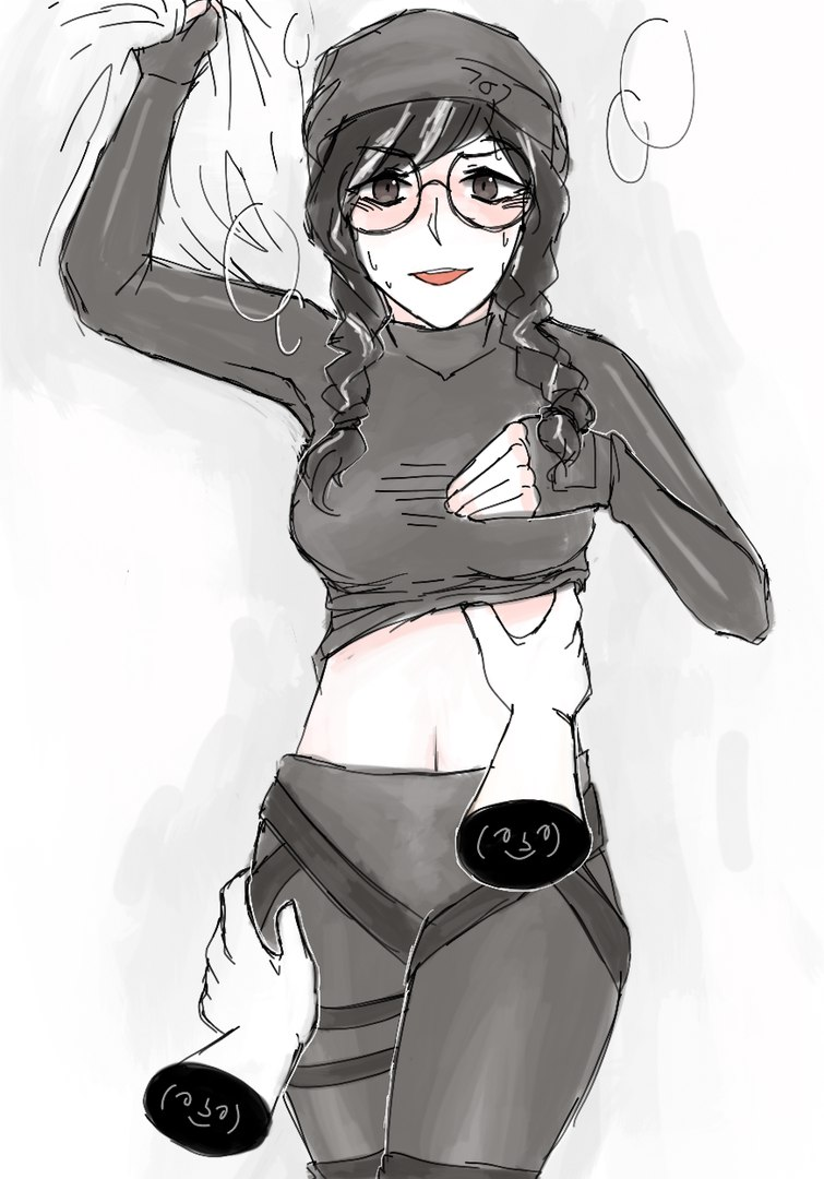 1boy, 1girls, black hair, breasts, color, disembodied hand, dokkaebi (rainbow six), female, long hair, male, no artist, no source, on back, rainbow six, rainbow six siege, small breasts, tom clancy