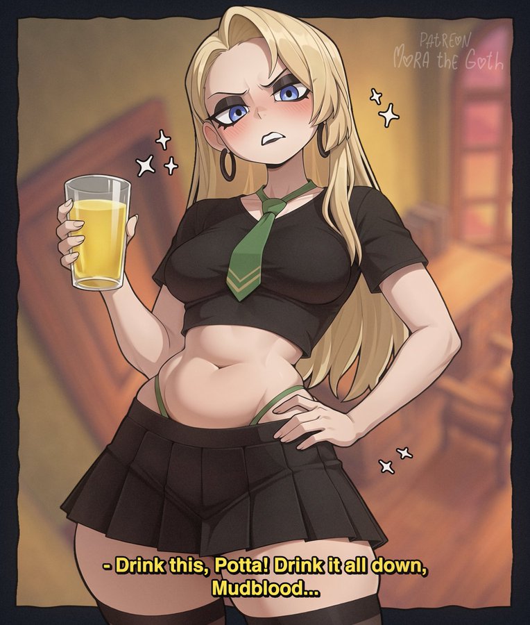 1girls, ai assisted, croptop, draco malfoy, draco malfoy (redteneri), genderswap, genderswap (mtf), mascara, skirt
