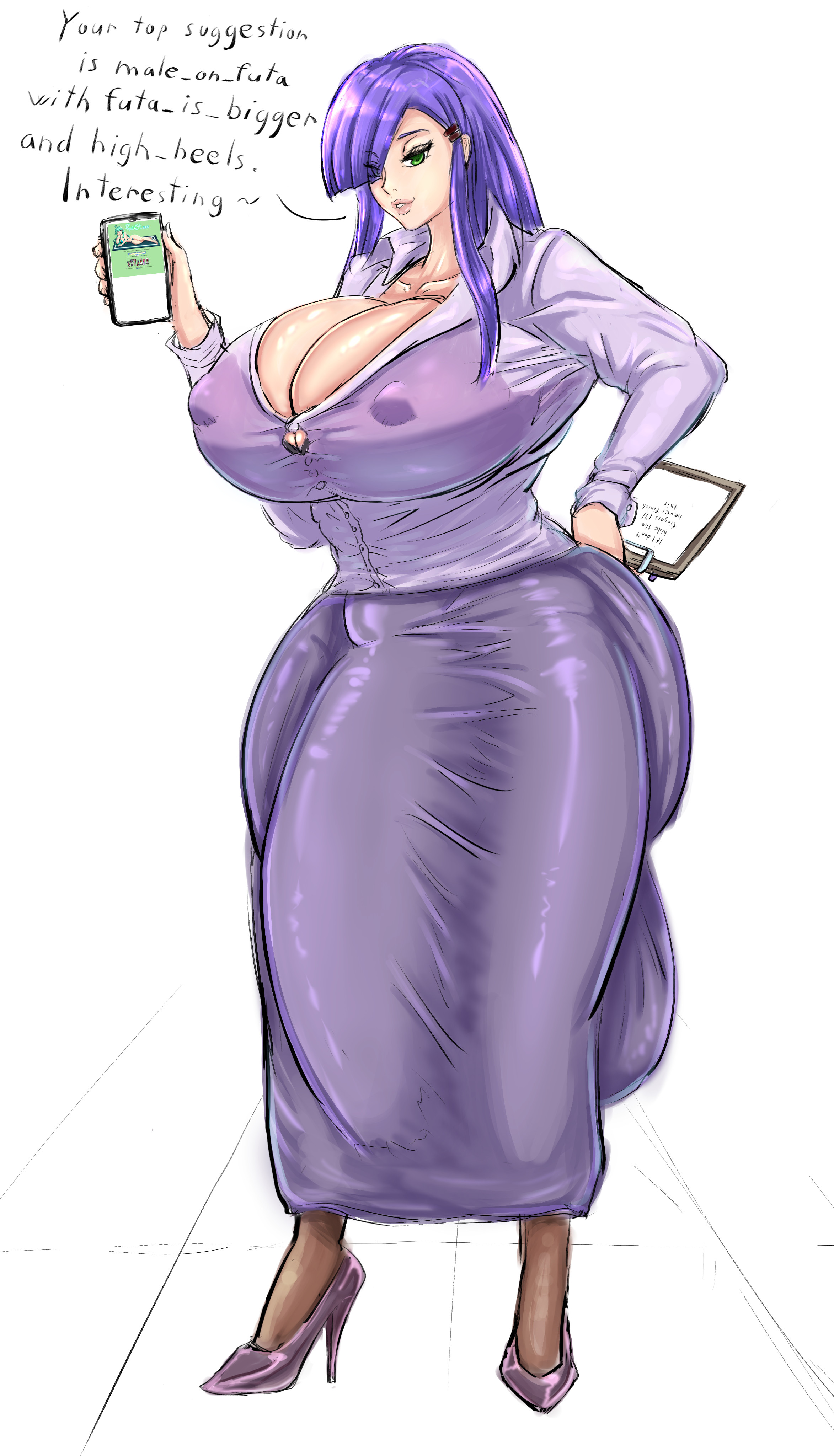 1futa, bra visible through clothes, bulge, cleavage, flaccid, flaccid penis, fully clothed, futanari, gigantic ass, gigantic breasts, gigantic penis, green eyes, hair over one eye, high heels, highres, huge ass, huge cock, hung bottom, hung futa, kera (fibilis), skirt, solo futa, stiletto heels, talking to viewer, text