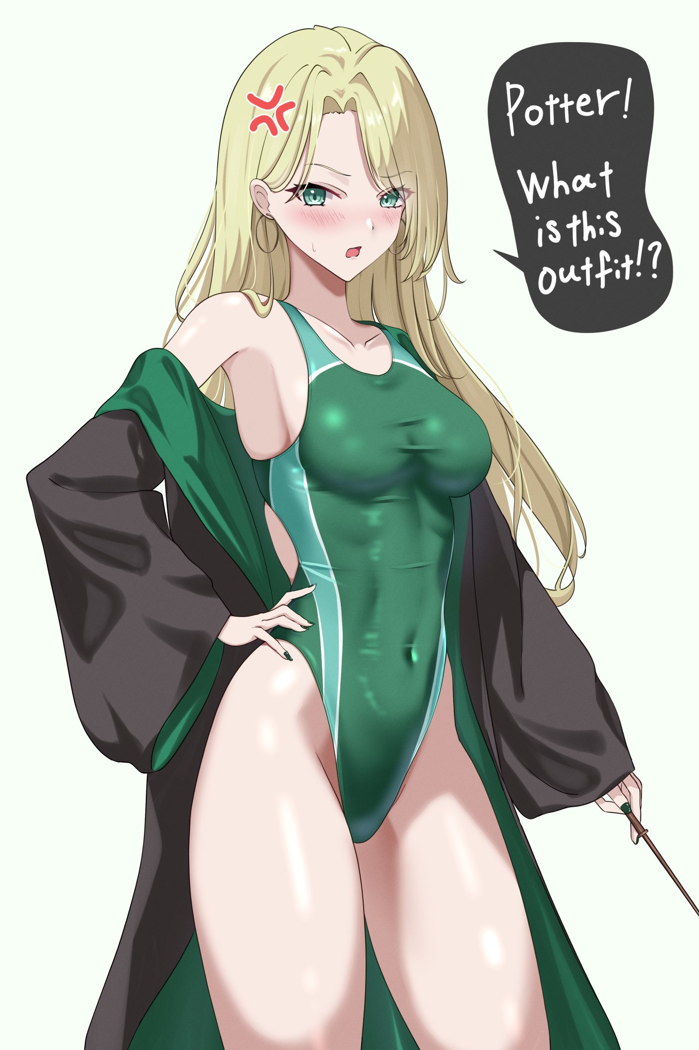 1girls, breasts, competition swimsuit, draco malfoy, draco malfoy (redteneri), female, female focus, female only, genderswap, girls, harry potter, hi res, hibika, highleg, highleg one-piece swimsuit, highleg swimsuit, large breasts, light skin, light-skinned female, looking at viewer, one-piece swimsuit, rule 63, swimsuit, thick thighs, thighs, wide hips
