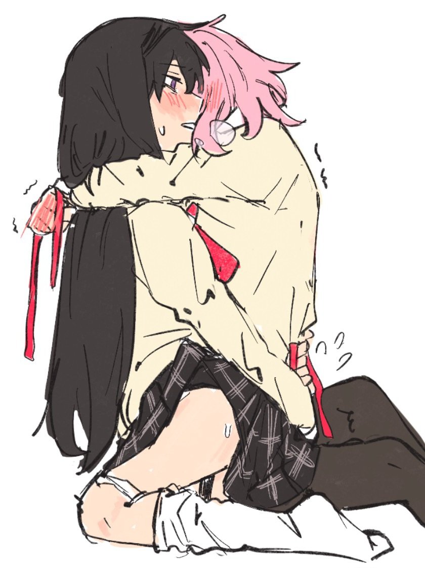 2girls, female only, female/female, homura akemi, lesbian, madoka kaname, mahou shoujo madoka magica, school uniform, schoolgirl, skirt, white background, yuri