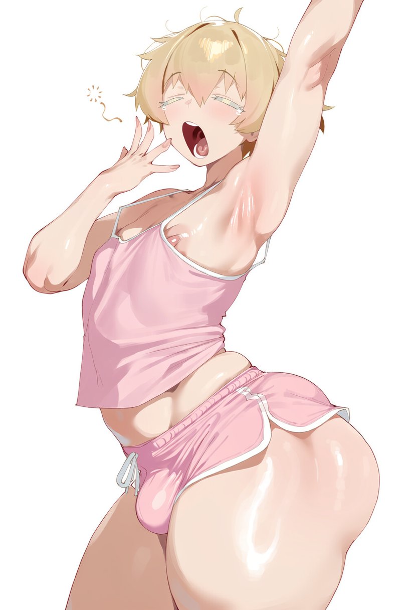 1boy, 2026, 2d, absurd res, absurd resolution, absurdres, ai generated, arched back, arm up, armpits, ass, big breasts, blonde hair, blush, bulge, camisole, closed eyes, covered nipples, cowboy shot, dolphin shorts, femboy, hair between eyes, hi res, high quality, high resolution, highres, image, male focus, navel, nipple slip, nipples, open mouth, otoko no ko, patreon, pink shorts, shiny skin, short hair, short shorts, shorts, simple background, solo, stretching, thecalciumman, thick thighs, thighs, uncensured, white background, yawning