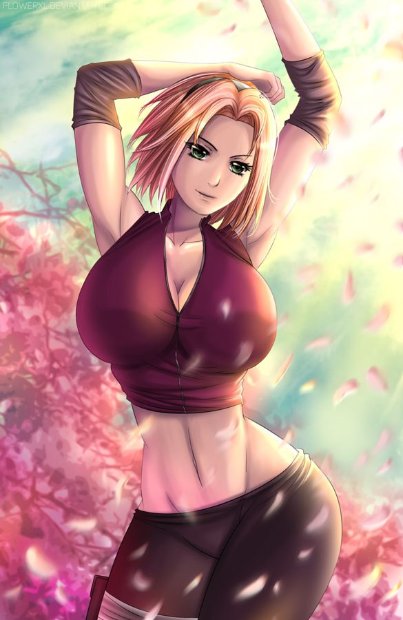 1girls, breasts, cleavage, female, female only, flowerxl, forehead protector, large breasts, midriff, naruto, naruto (series), naruto shippuden, petals, pink hair, sakura haruno, solo
