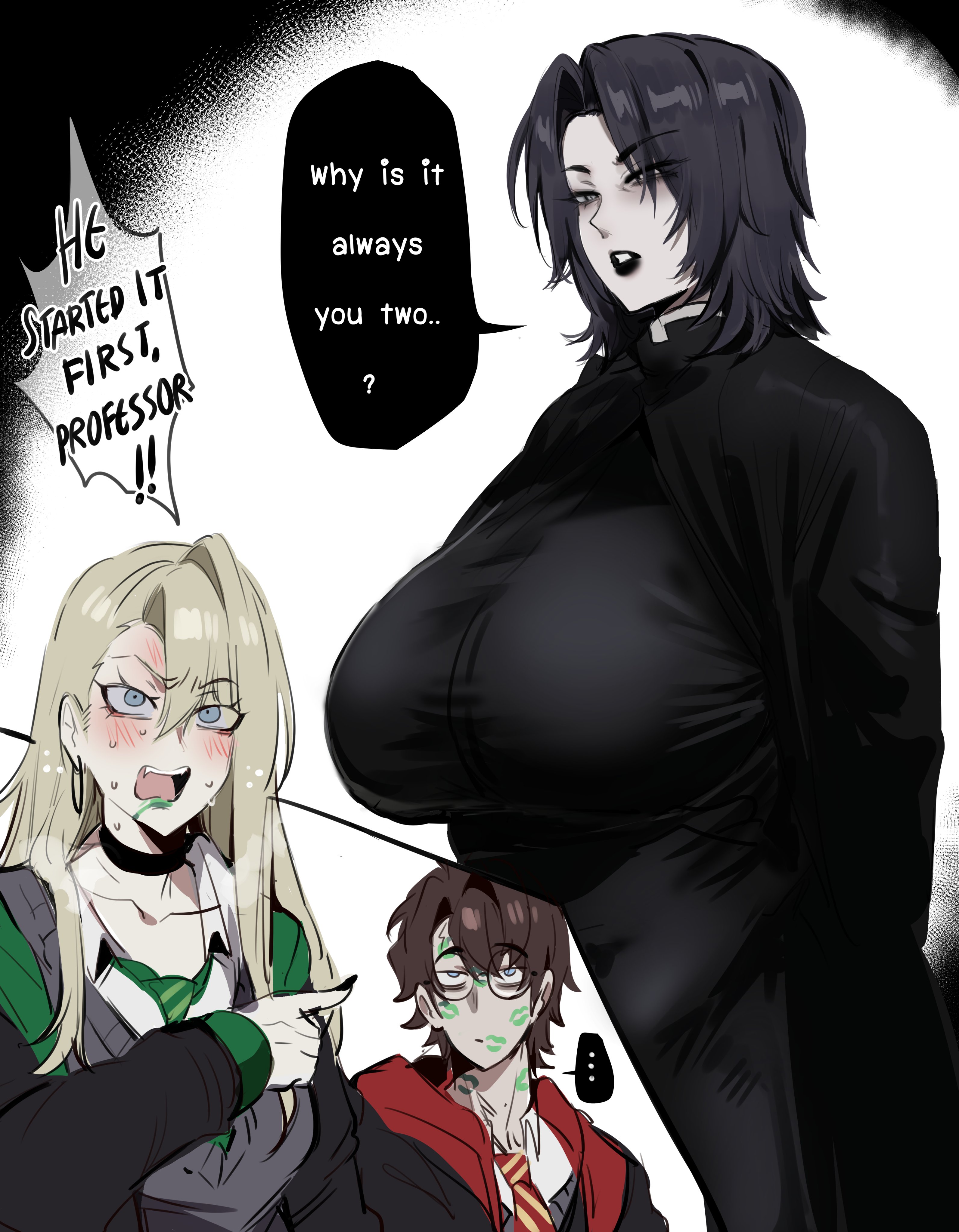 black lipstick, draco malfoy, draco malfoy (redteneri), green lipstick, harry james potter, harry potter, huge breasts, kurenaiz1, lipstick, lipstick mark, rule 63, severus snape