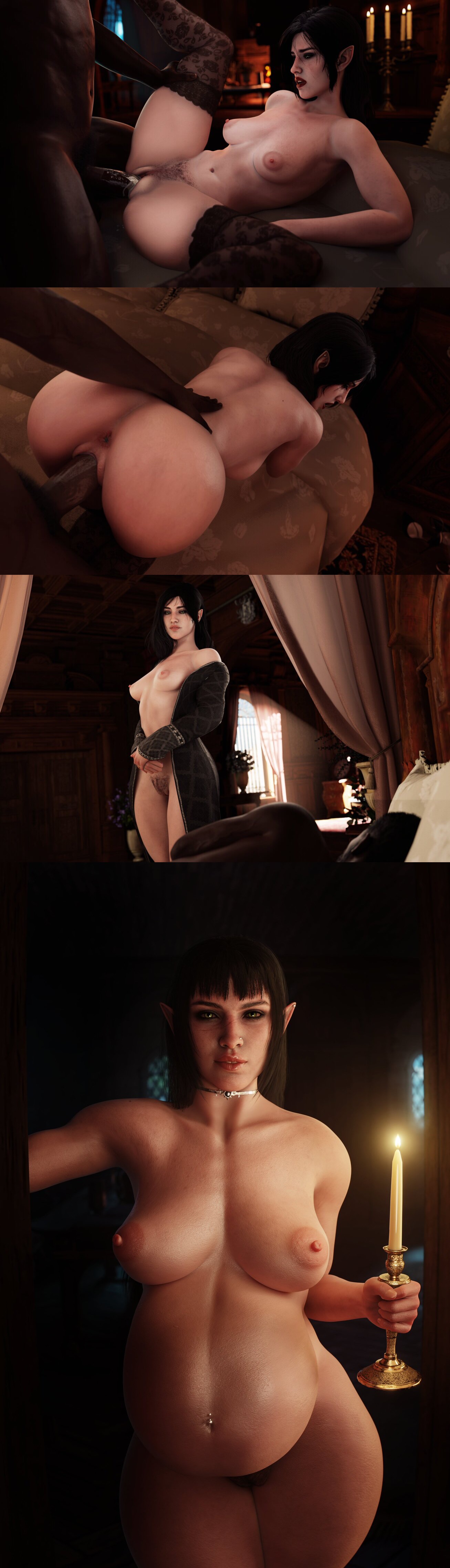 1boy, 1girls, 3d, african male, afro, after sex, ass, baldur's gate 3, black hair, dark-skinned male, dinoboy555, elf, from behind, hair down, interracial, large breasts, loose hair, missionary position, piercing, pointy ears, pregnant, pubic hair, red lipstick, shadowheart, small breasts, straight, vaginal penetration