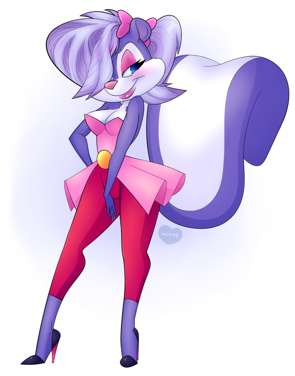 aged_up anthro blush bow breasts cameltoe cleavage clothed clothing eyeshadow female fifi_la_fume footwear fur hair high_heels lipstick makeup mammal minxydoodle purple_fur purple_hair shoes skunk tight_pants tiny_toon_adventures warner_brothers