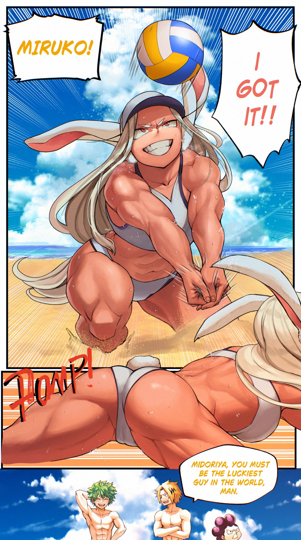 ass, beach, breasts, clauschristmas2, denki kaminari, izuku midoriya, miruko, muscular, my hero academia, rumi usagiyama, swimsuit, volleyball