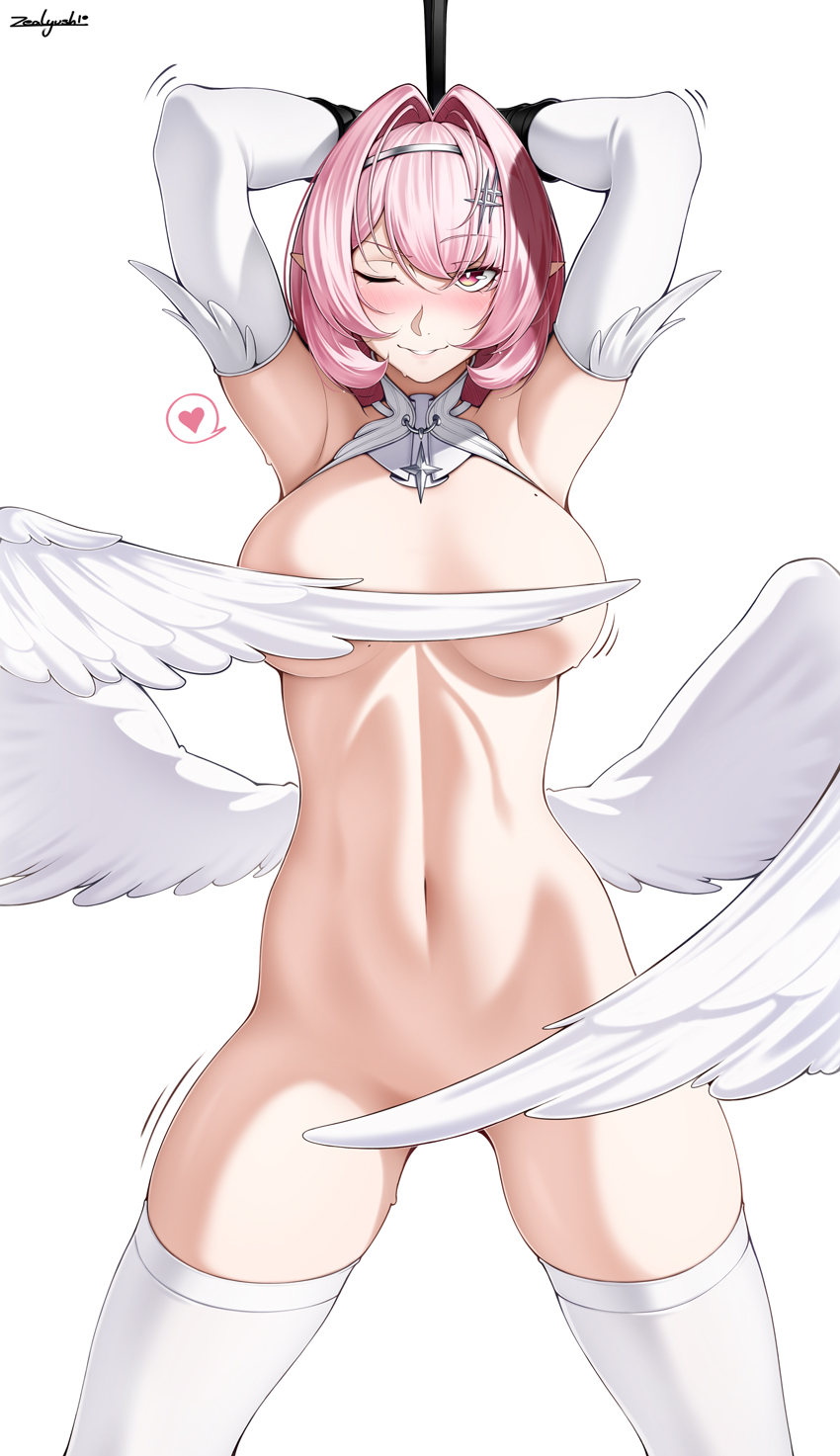 1girls, abs, angel, angel wings, arms behind head, big breasts, blush, blushing, breasts, busty, collar, completely nude, completely nude female, convenient censoring, covered nipples, covering breasts, elbow gloves, female, female only, gloves, heart, hourglass figure, hoyoverse, huge breasts, large breasts, looking at viewer, mihoyo, mihoyo technology (shanghai) co. ltd., navel, nude, nude female, one eye closed, pink eyes, pink hair, pointy ears, remielle (zenless zone zero), remielle dan, short hair, slim waist, solo, solo female, solo focus, standing, thighhighs, thighs, voluptuous, voluptuous female, white background, wings, zealyush, zenless zone zero