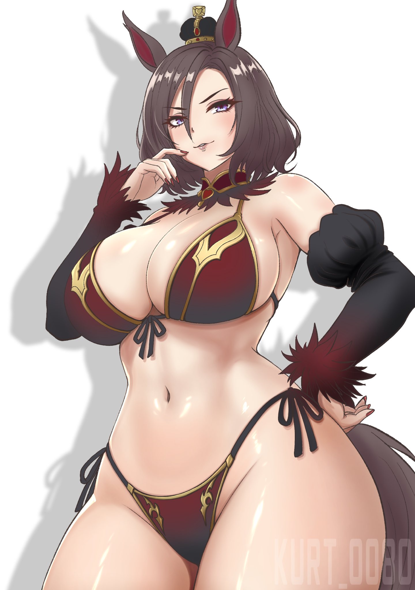 1girl, air groove (umamusume), black bikini, blue eyes, brown hair, cleavage, cowboy shot, hand on hip, highres, horse ears, horse girl, horse tail, juliet sleeves, large breasts, mini crown, navel, pokoniki, seductive look, seductive smile, side-tie bikini bottom, smile, solo, stomach, thick thighs, thighs, umamusume, umamusume pretty derby