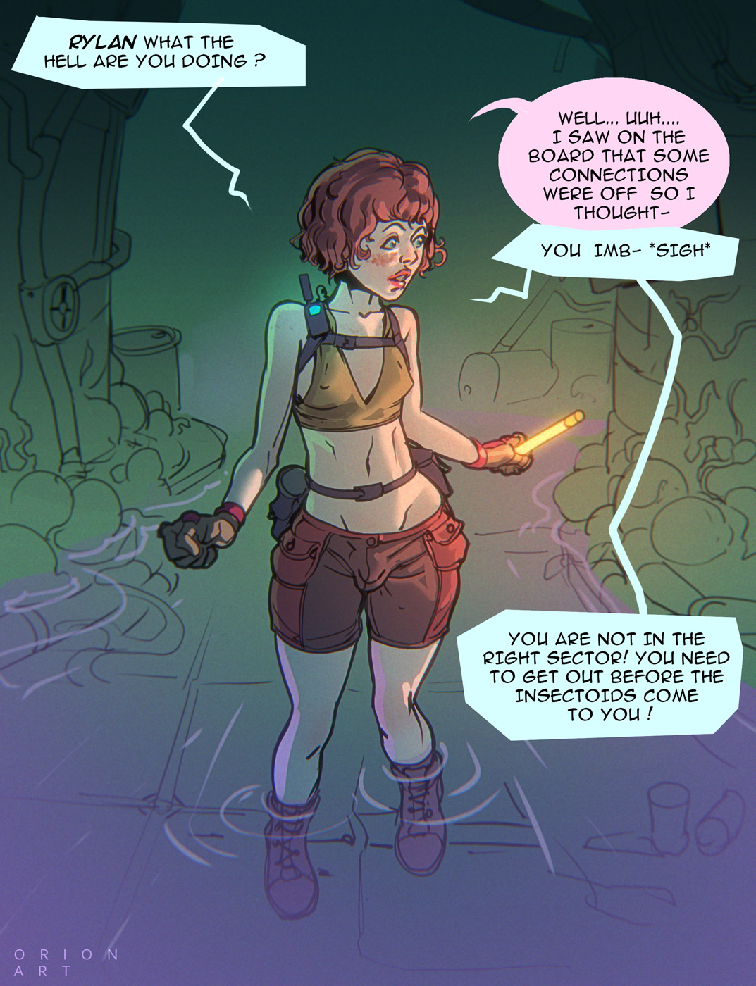color, creature, cute, english text, femboy, male, orionart, sewer, solo, text, tight clothing