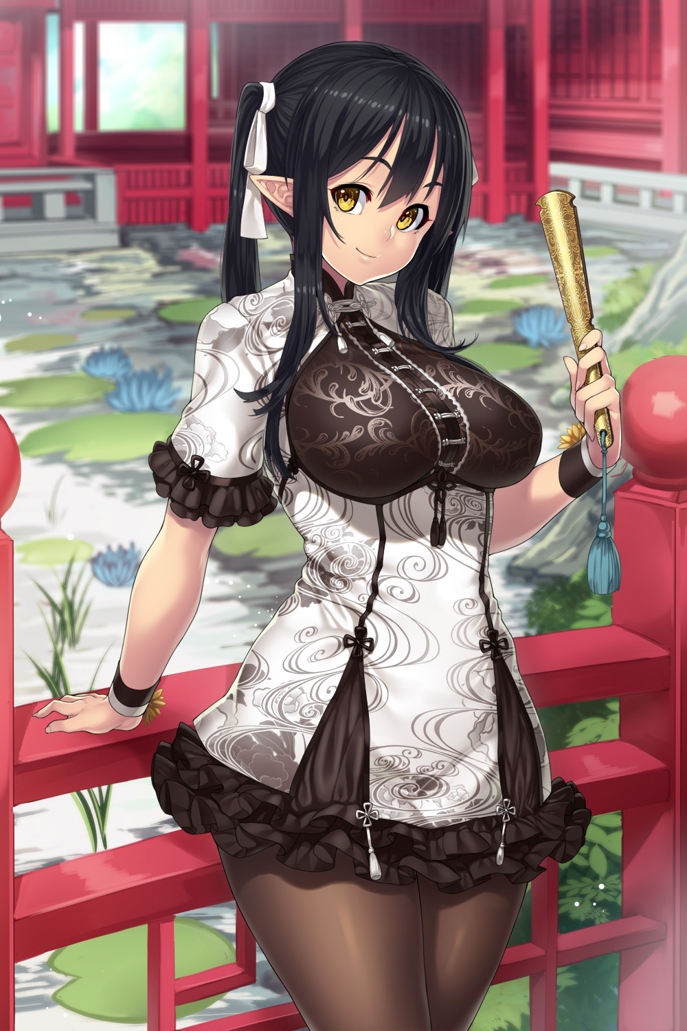 black_hair breasts chinese_clothes dress elf elf_(houtengeki) fan female female_only folding_fan framed_breasts hair_ribbon houtengeki large_breasts long_hair looking_at_viewer original outdoors pantyhose pointy_ears pond railing ribbon smile solo twintails wristband yellow_eyes