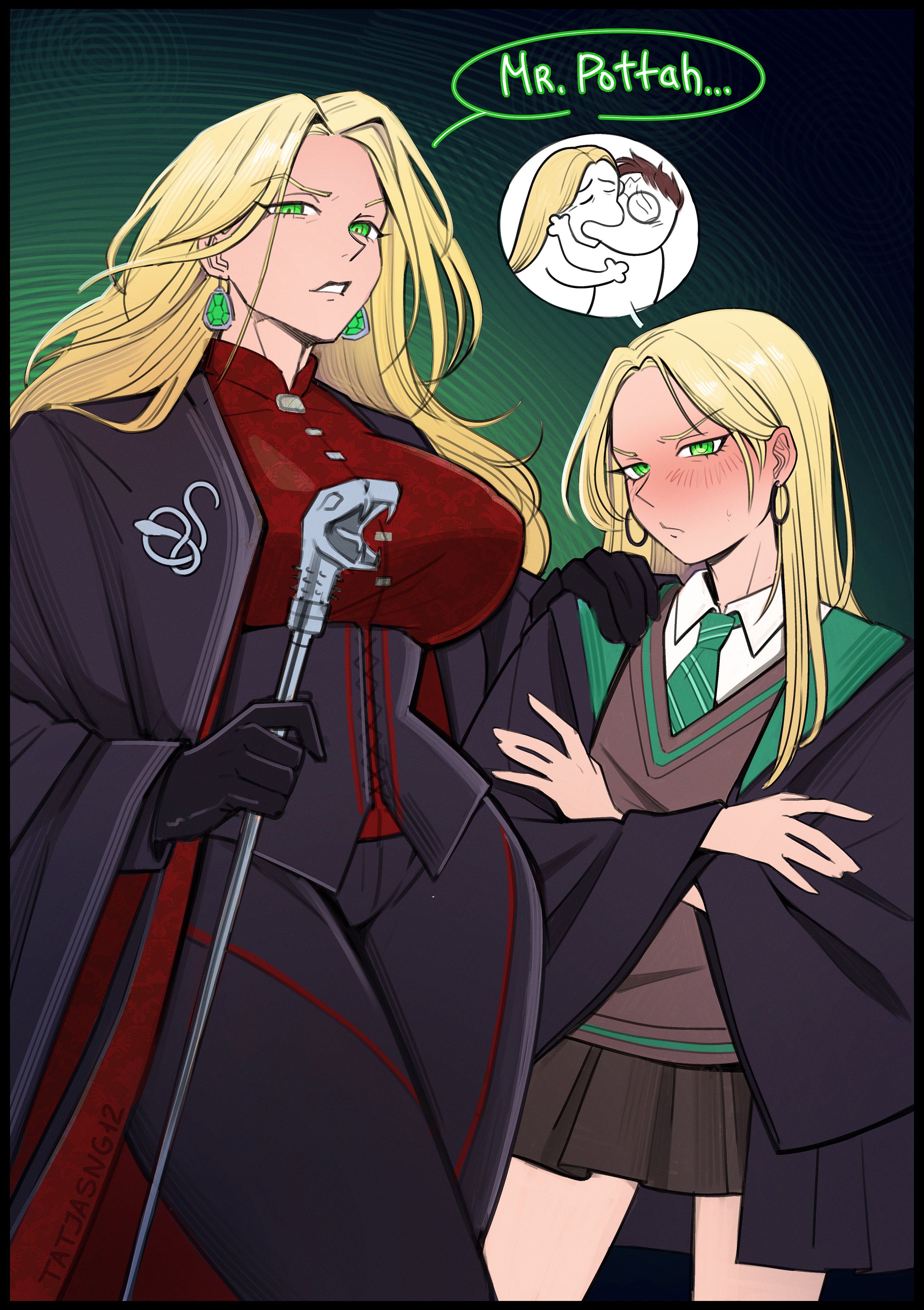 2girls, absurdres, black corset, black gloves, black pants, black robe, black skirt, blonde hair, blush, breasts, brown sweater vest, collared shirt, commentary, corset, covered nipples, crossed arms, draco malfoy, draco malfoy (redteneri), earrings, english commentary, fully genderswapped group, gem, genderswap, genderswap (mtf), gloves, green eyes, green gem, green necktie, hand on another's shoulder, harry potter, harry potter (series), highres, hogwarts school uniform, holding, holding staff, hoop earrings, imagining, jewelry, large breasts, long hair, lucius malfoy, mature female, meme, miniskirt, mother and child, mother and daughter, multiple girls, necktie, nipple bulge, open clothes, open robe, pants, parent and child, pleated skirt, red shirt, robe, rule 63, school uniform, shirt, skirt, staff, sweater vest, tatjasng12, two-tone robe, white shirt, wide sleeves, wizarding world, yoshi and toad kissing (meme)
