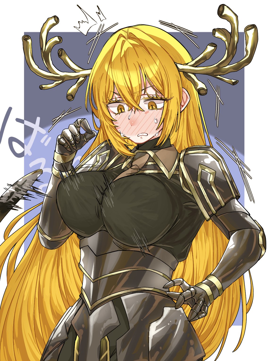 1girl, absurdres, antlers, arm under breasts, armor, black gloves, black necktie, black skirt, black sleeves, blonde hair, bodysuit, breasts, closed mouth, collared shirt, commentary request, couter, don quixote (limbus company), dot nose, faulds, gloves, gold trim, hair between eyes, hand up, highres, holding, holding nail, horns, large breasts, limbus company, long hair, long sleeves, nail (hardware), necktie, one eye closed, parted lips, pauldrons, project moon, red background, shirt, shoulder armor, sidelocks, simple background, solo, sweat, underboob, very long hair, wardrobe malfunction, weapon, white background, yellow eyes