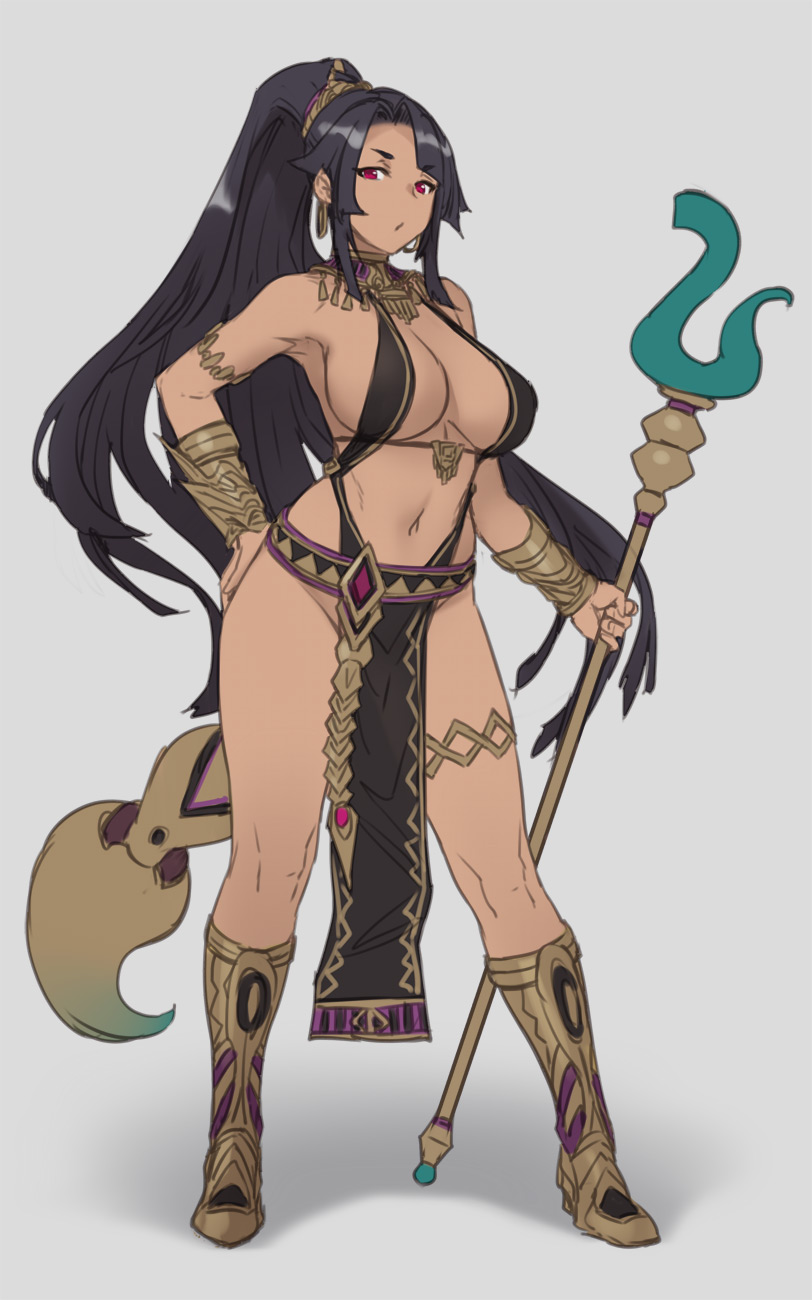 armlet, bangs, black hair, boots, bracer, breasts, cleavage, dark skin, dark-skinned female, detached collar, earrings, eyebrows visible through hair, female, female only, full body, hand on hip, holding, houtengeki, jewelry, knee boots, large breasts, looking at viewer, original, pelvic curtain, ponytail, red eyes, simple background, solo, staff, thigh strap, white background