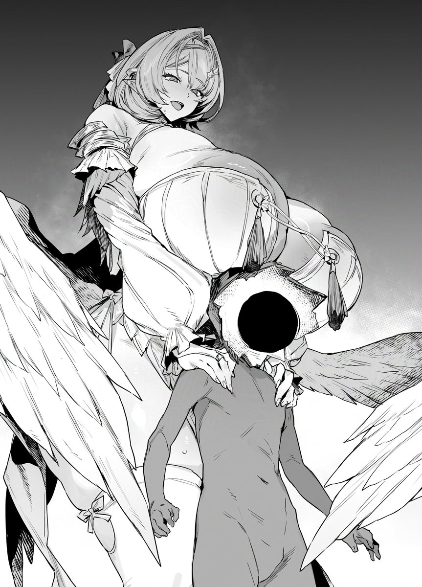 1boy, 1girl, 1girls, abs, angel, angel wings, areola, areola slip, areolae, areolae slip, arms behind head, big boobs, big breasts, big tits, blush, blushing, boobs, boobs bigger than head, breasts, breasts bigger than head, busty, cleavage, collar, covered nipples, elbow gloves, ethereal (zenless zone zero), faceless male, female, gloves, greyscale, hair intakes, hands on another's shoulders, hourglass figure, hoyoverse, huge boobs, huge breasts, huge tits, large boobs, large breasts, large tits, lower back wings, male, mihoyo, mihoyo technology (shanghai) co. ltd., monochrome, monster, navel, pointy ears, puffy long sleeves, puffy sleeves, remielle (zenless zone zero), remielle dan, short hair, short male, standing, steam, steaming body, thighhighs, thighs, thirty 8ght, tits, tits bigger than head, voluptuous, voluptuous female, white background, wings, zenless zone zero