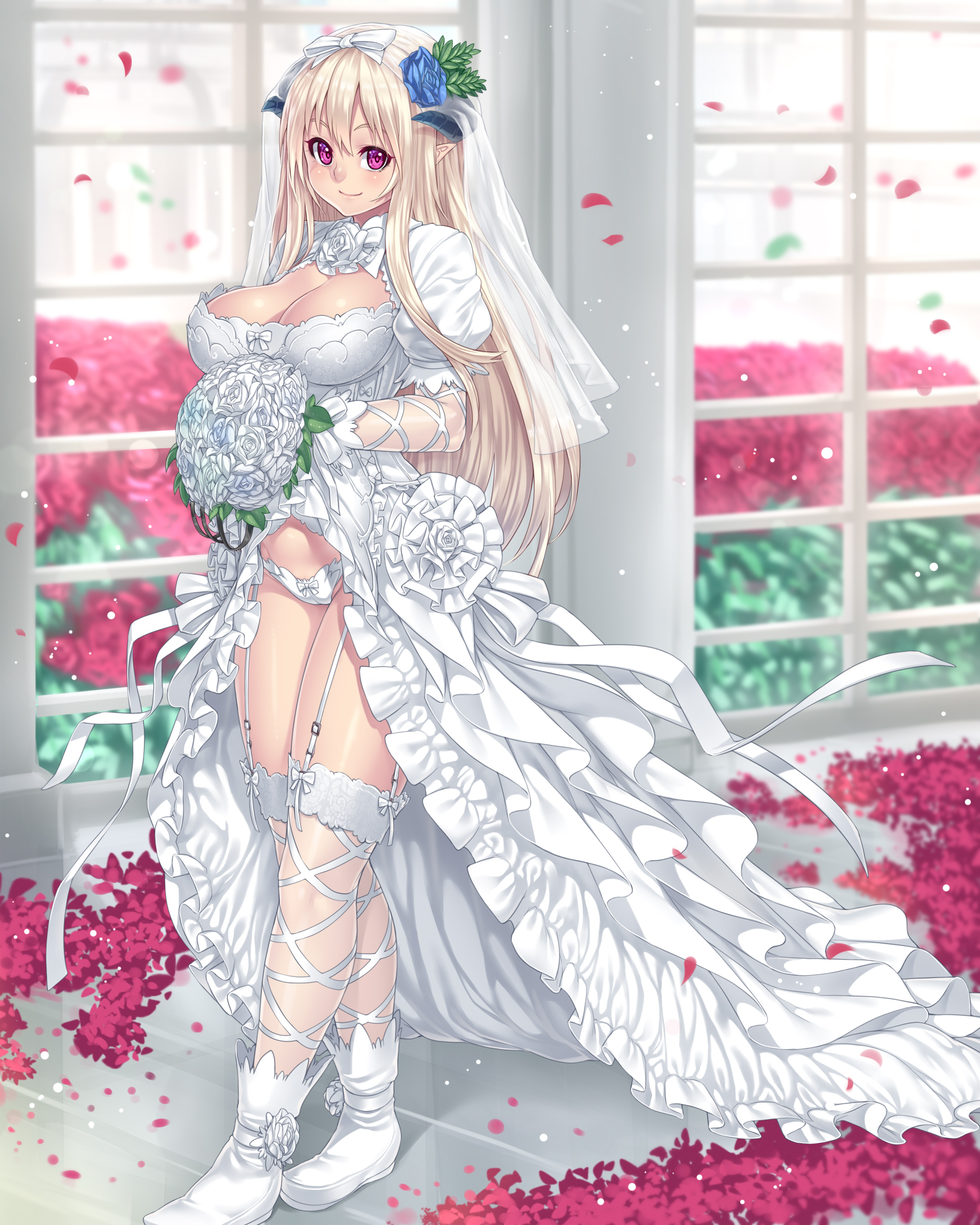 blonde hair, blush, bouquet, breasts, bridal veil, bride, cameltoe, cleavage, crossed legs, dress, female, female only, flower, frills, garter straps, gloves, horns, houtengeki, lace, lace-trimmed thighhighs, large breasts, long hair, looking at viewer, original, panties, petals, pointy ears, purple eyes, pussy, smile, solo, thighhighs, underwear, veil, wedding dress, white gloves, white legwear, white panties