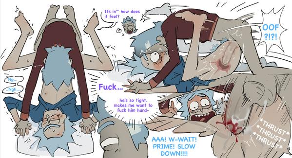 2026, 2d, accurate art style, adult swim, biting shirt, blood, blue hair, blush, cartoon, cervix, colored, cuntboy, cuntboy penetrated, cuntboy transformation, dialogue, digital media (artwork), fanart, gay, half naked, holding hands, internal view, legs apart, lowres, male, male focus, male only, male penetrated, male penetrating, male penetrating male, male/male, mating press, moaning, multiple images, nipples, painful, painful penetration, pillow, plain background, rick and morty, rick prime, rick sanchez, screenshot, selfcest, shirt lift, shirt only, skinny, sound effects, spiky hair, sweat, text, toe curl, trembling, unibrow, vaginal penetration, virgin, virginal blood, virginity loss, warner brothers, white background, yaoi, younger dom older sub