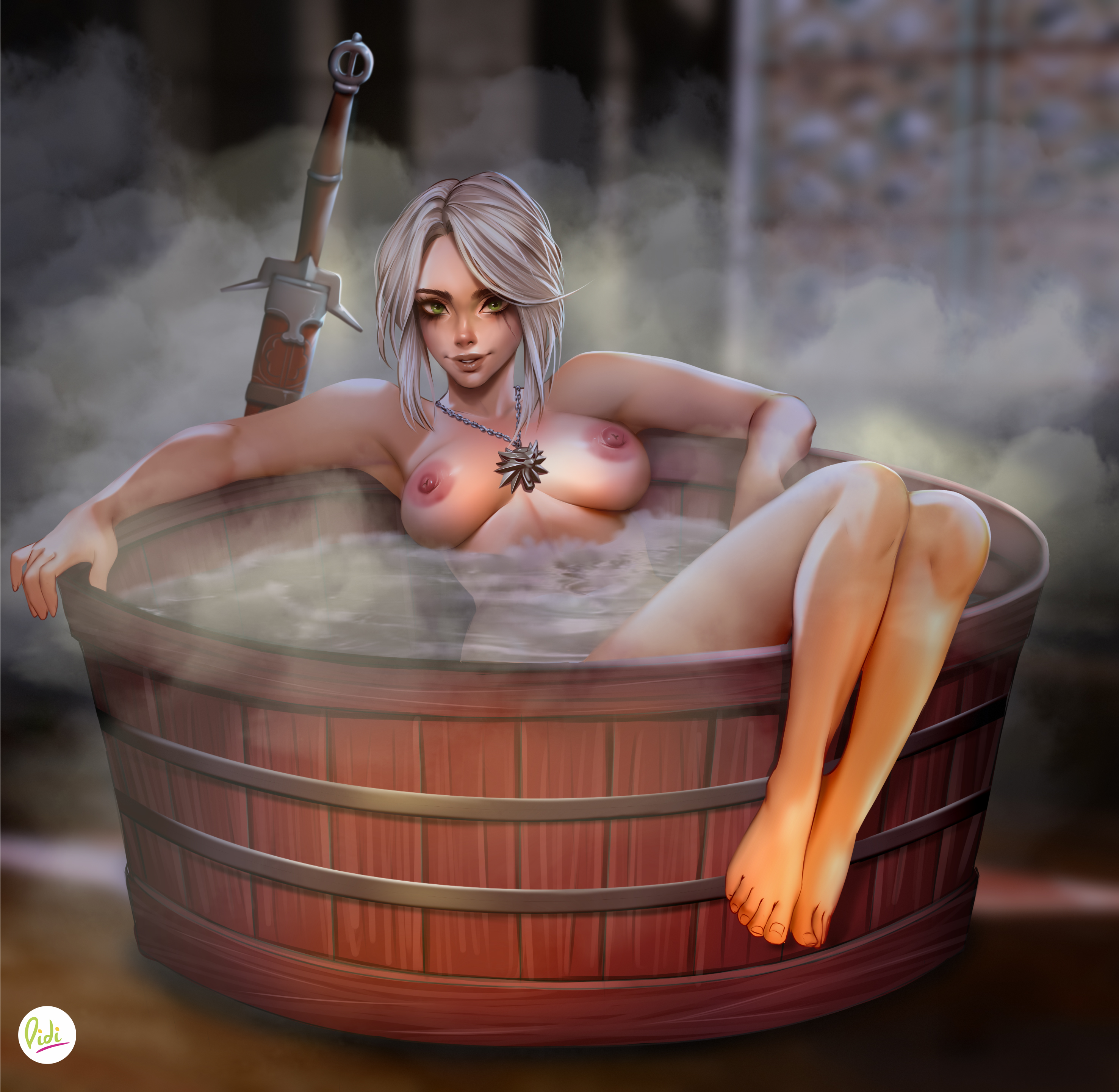 1girls, areolae, bathing, bathtub, breasts, cd projekt red, ciri, didi esmeralda, female, female only, green eyes, high resolution, large areolae, large breasts, large nipples, looking at viewer, nipples, nude, nude female, patreon reward, short hair, silver hair, solo, solo female, steam, sword, the witcher (series), the witcher 3: wild hunt, water