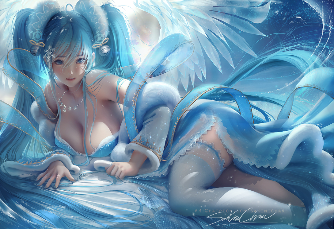 blue eyes, blue hair, breasts, cleavage, female, female only, league of legends, long hair, looking at viewer, sakimichan, solo, sona buvelle, thighhighs, twintails