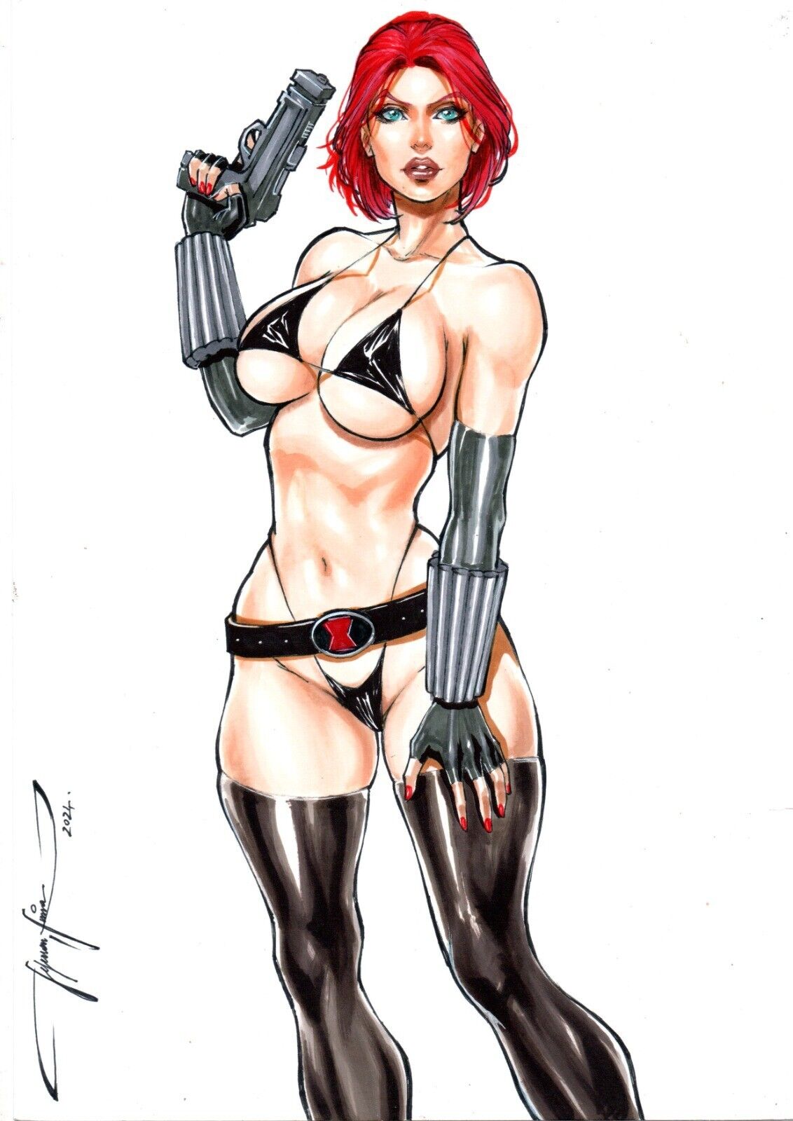 2024 artist_name black_widow_(marvel) ed_benes_studio huge_breasts jeferson_lima latex_armwear latex_gloves latex_stockings latex_thighhighs looking_at_viewer marvel marvel_comics natasha_romanoff red_hair red_lipstick signature solo voluptuous voluptuous_female