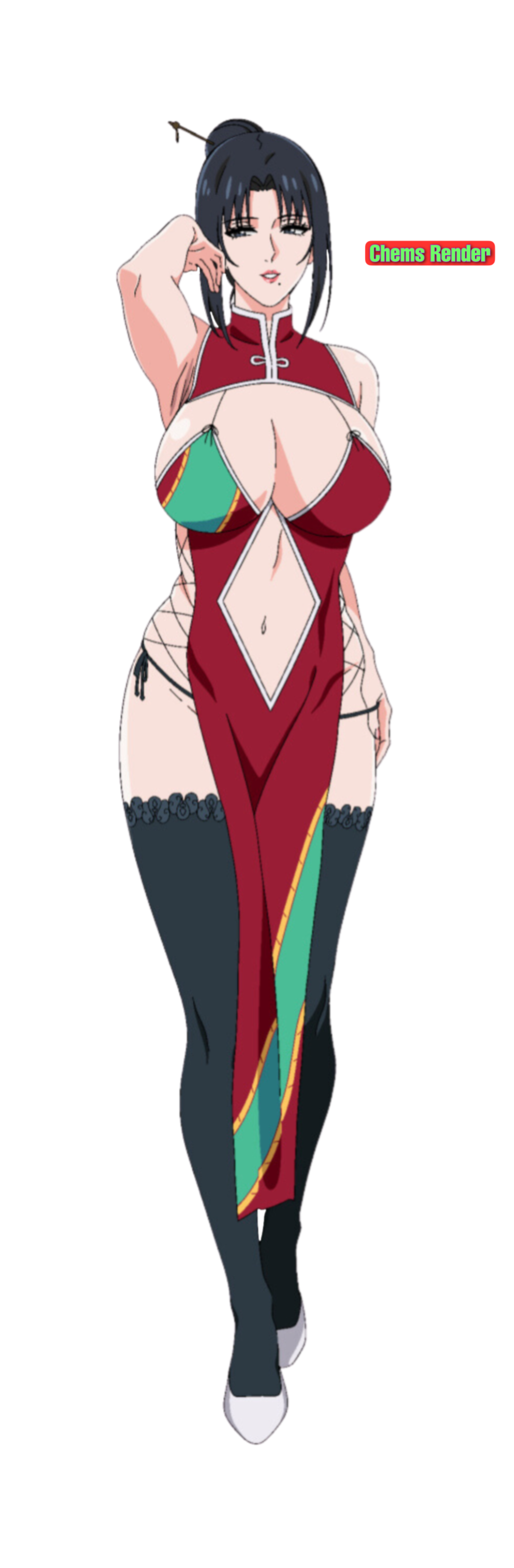 2020s 2023 absurd_res artist_logo beauty_mark big_breasts black_hair_female black_stockings female high_heels milf my_mother_the_animation nush_(xter) plussinger red_dress thigh-high_stockings transparent_background white_high_heels