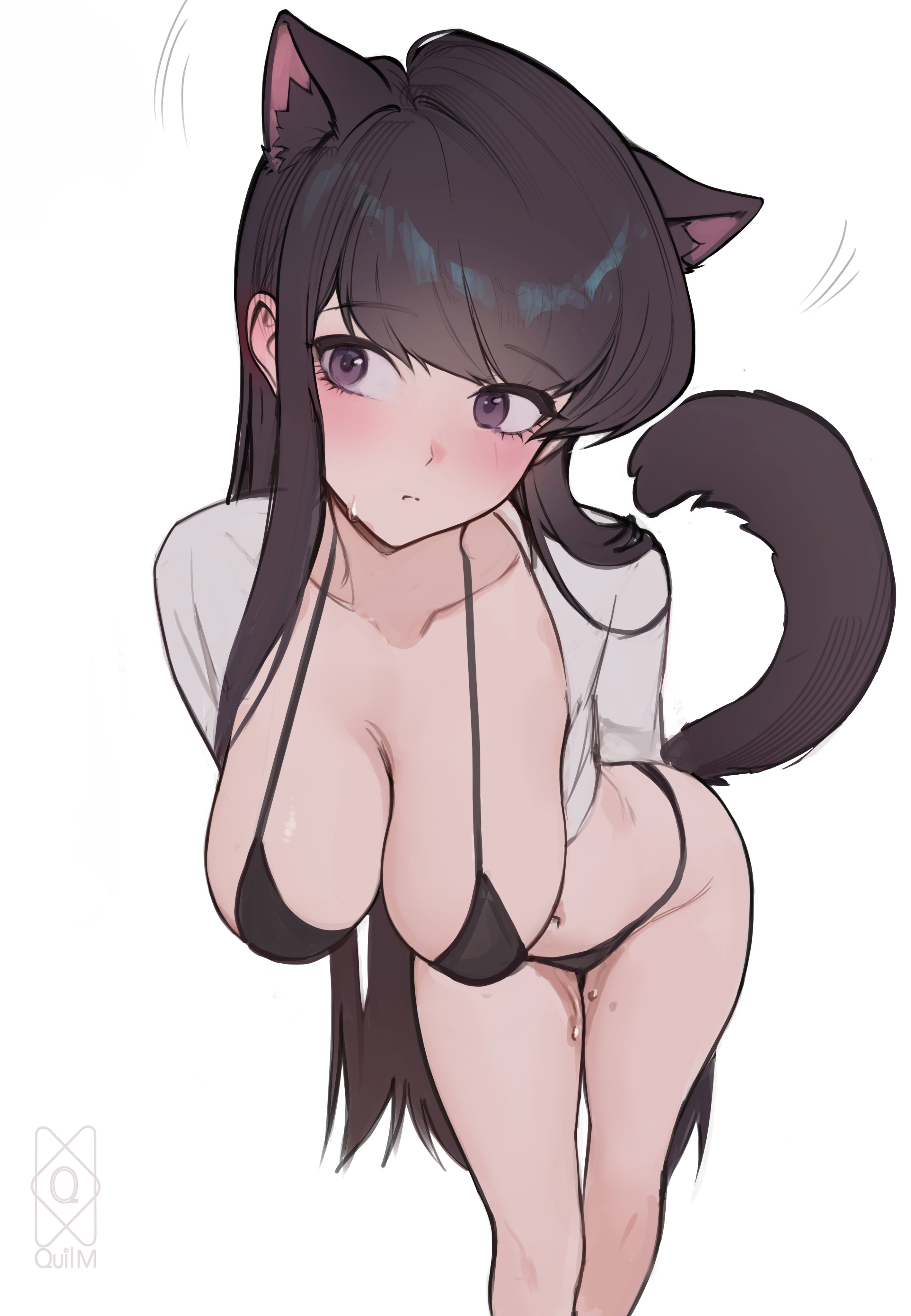 1girls, animal ears, artist name, big breasts, black hair, blush, bra, breasts, cat ears, cat tail, catgirl, cleavage, embarrassed, female, female only, huge breasts, komi shouko, komi-san wa komyushou desu, large breasts, leaning forward, long hair, motion lines, nervous, panties, purple eyes, pussy juice, pussy juice drip, quilm, shy, solo, solo female, standing, sweat, sweatdrop, tail, teenage girl, thighs, underwear, very long hair, watermark, white background