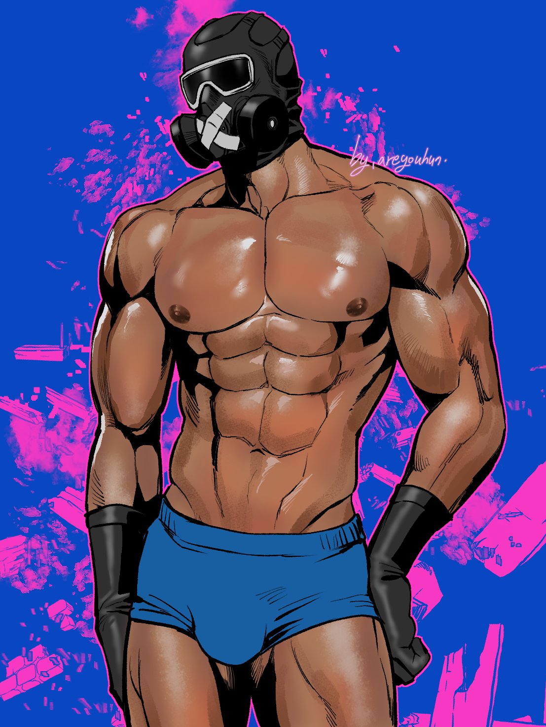 1boy areyouhun boxer_briefs bright_colors brown_skin gas_mask gloves h1areyhunh1 male male_only manly mask masked masked_male muscular muscular_male mute_(rainbow_six) rainbow_six_siege shiny_skin solo solo_male underwear