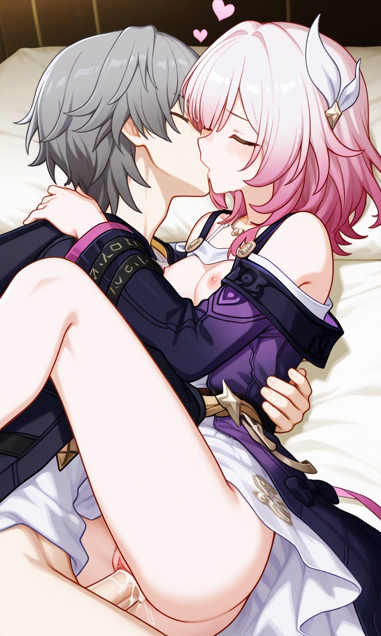1boy, 1girls, ai generated, bed, blush, breasts, caelus (honkai: star rail), closed eyes, clothed, clothed sex, clothing, cum, cum in pussy, cum inside, cyrene (honkai: star rail), ejaculation, eye contact, female, genitals, grabbing, gray hair, honkai: star rail, hoyoverse, hugging, intimate, kissing, light skin, light-skinned female, looking pleasured, loving couple, male, mihoyo, mihoyo technology (shanghai) co. ltd., missionary, missionary position, multicolored hair, naked, naked female, nopemope26, nude, nude female, on back, on bed, penetration, penis, penis in pussy, pink hair, pussy, pussy juice, sensual, small breasts, straight, uncensored, vagina, vaginal penetration, vaginal sex, video games