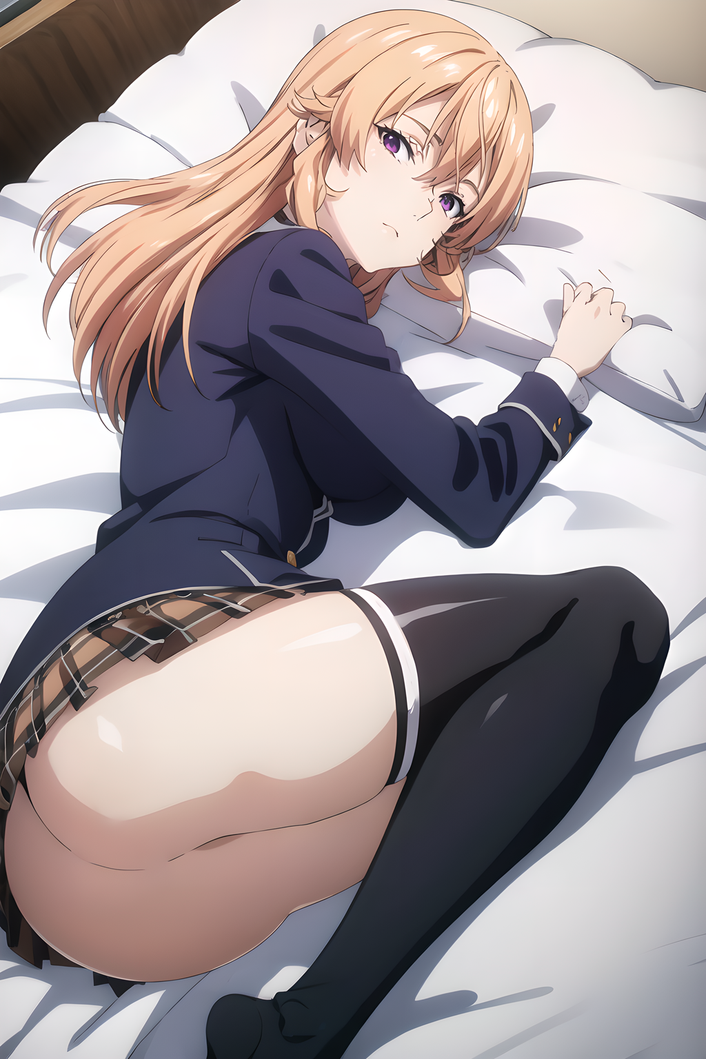 ai_generated ass ass bed big_breasts kagura_aiart laying_on_bed laying_on_side nakiri_erina pillow school_uniform shokugeki_no_souma