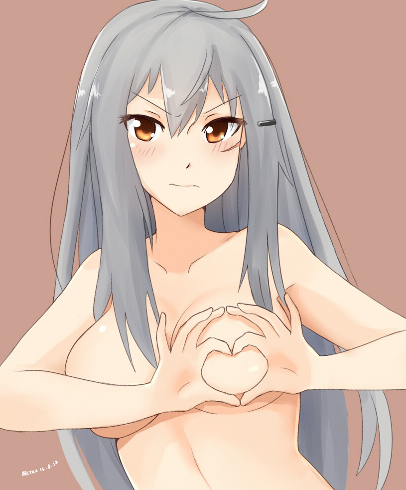 2010s blush breasts brown_background cyka dated female gangut_(kantai_collection) grey_hair hair_ornament hairclip heart heart-shaped_boob_challenge heart_hands kantai_collection large_breasts long_hair looking_at_viewer nude orange_hair remodel_(kantai_collection) scar scar_on_cheek simple_background solo