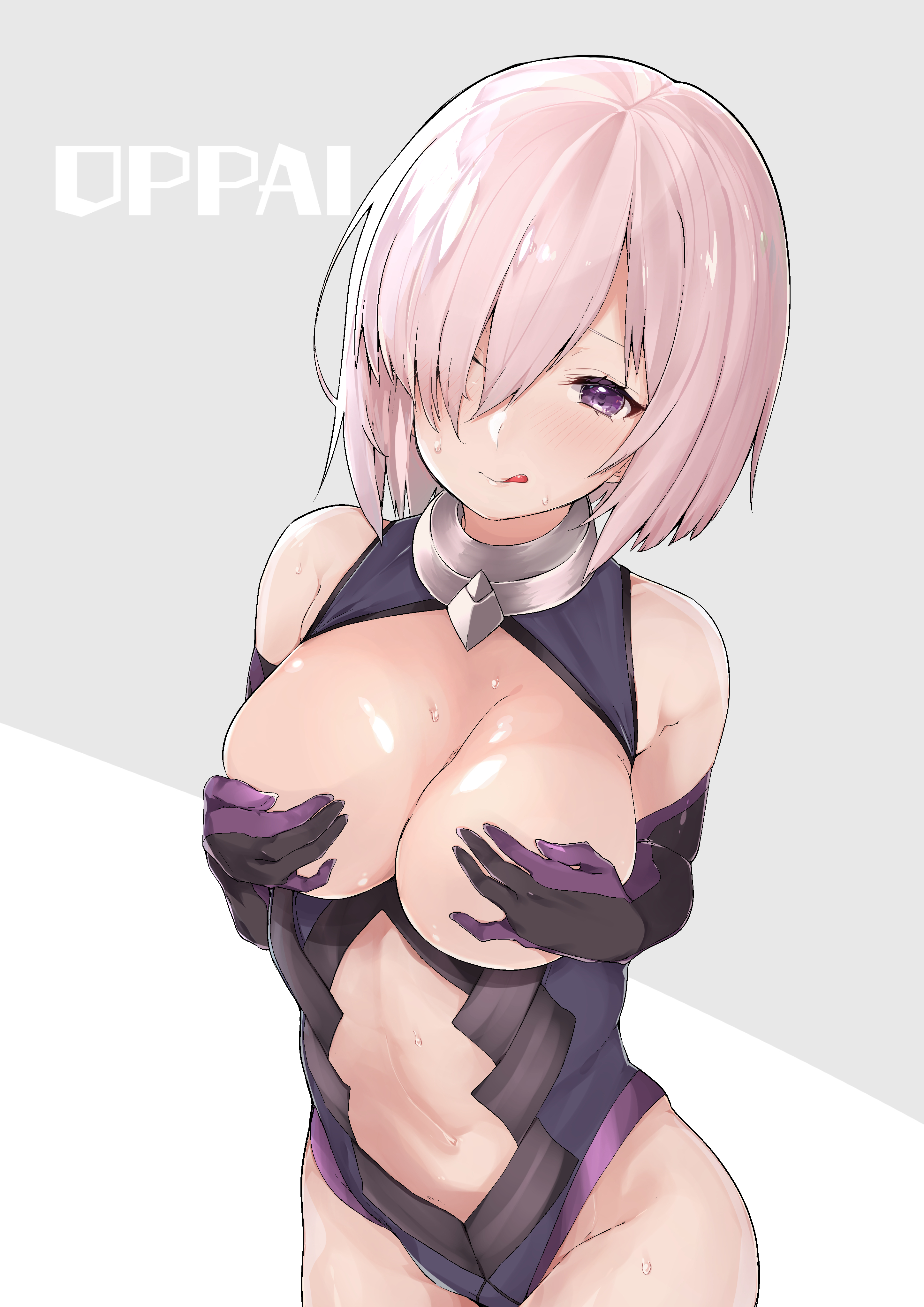 :q, absurdres, black gloves, black leotard, blush, breasts, breasts out, center opening, closed mouth, collar, covering, covering breasts, cowboy shot, elbow gloves, fate (series), fate/grand order, female, gloves, grey background, groin, hair over one eye, head tilt, highres, large breasts, leotard, looking at viewer, mash kyrielight, mitsudoue, pink hair, purple eyes, shielder (fate/grand order), short hair, smile, solo, standing, tongue, tongue out, two-tone background