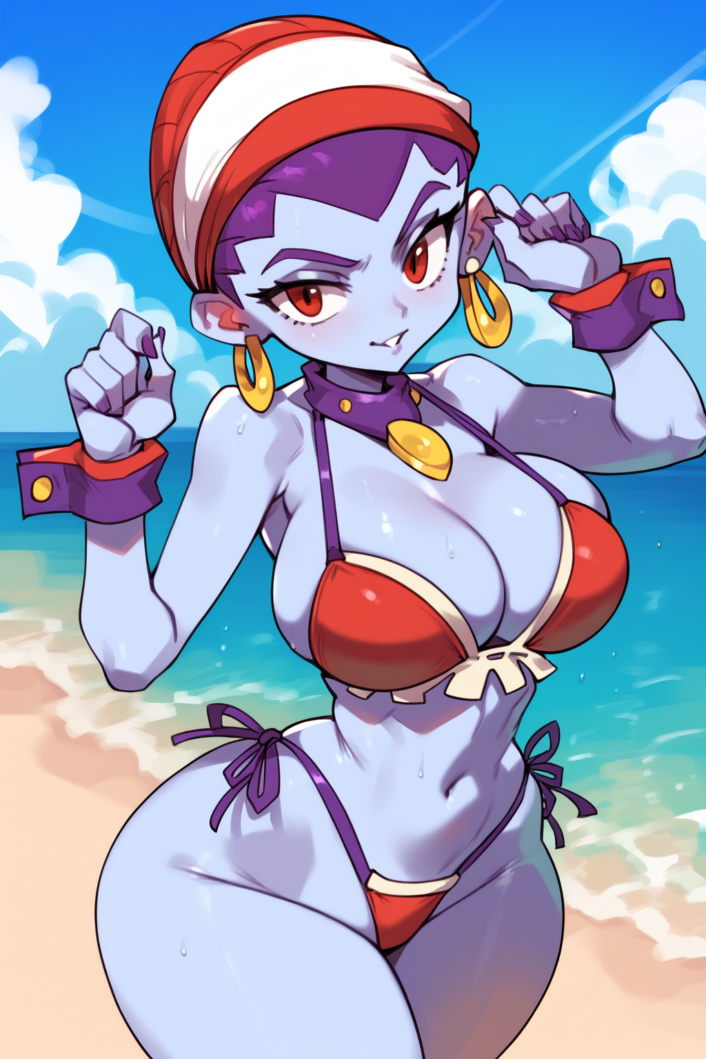 2d ai_generated bandana beach big_breasts bikini day highleg_bikini outdoors purple_hair purple_skin risky_boots shantae sky tagme