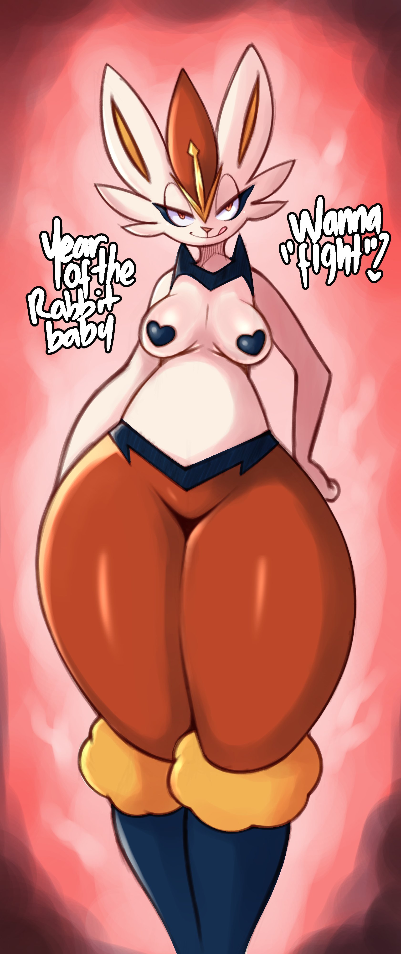 :q, 1girls, 2023, absurd res, breasts, cinderace, dialogue, english text, female, female only, female pokemon, licking lips, looking at viewer, narrowed eyes, nintendo, nipple pasties, pasties, pokémon (species), pokemon, pokemon (species), saltyxodium, smile, smiling at viewer, solo, speech bubble, talking to viewer, thick thighs, voluptuous, wide hips, x pasties, year of the rabbit
