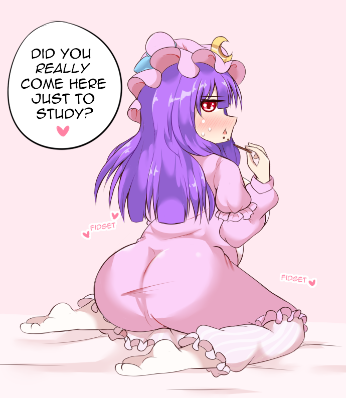 1girls ass ass_focus big_ass crescent_hat_ornament eating_food feet fidgeting flirting flirting_with_viewer from_behind half-closed_eyes heart jungleboyayaya kneeling long_hair long_sleeves mob_cap patchouli_knowledge pink_dress pocky pov puffy_short_sleeves purple_hair red_eyes round_butt socks solo sound_effects speech_bubble spoken_heart tight_clothing touhou triangle_mouth vertical_stripes