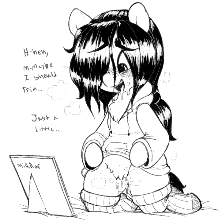 black_hair blush bottomless drooling equine fan_character female floor_bored fur hair_over_one_eye hoodie horse mammal mcsweezy mirror monochrome my_little_pony open_mouth pony ponytail pubic_hair pussy_juice saliva simple_background sketch socks solo text thighhighs wet