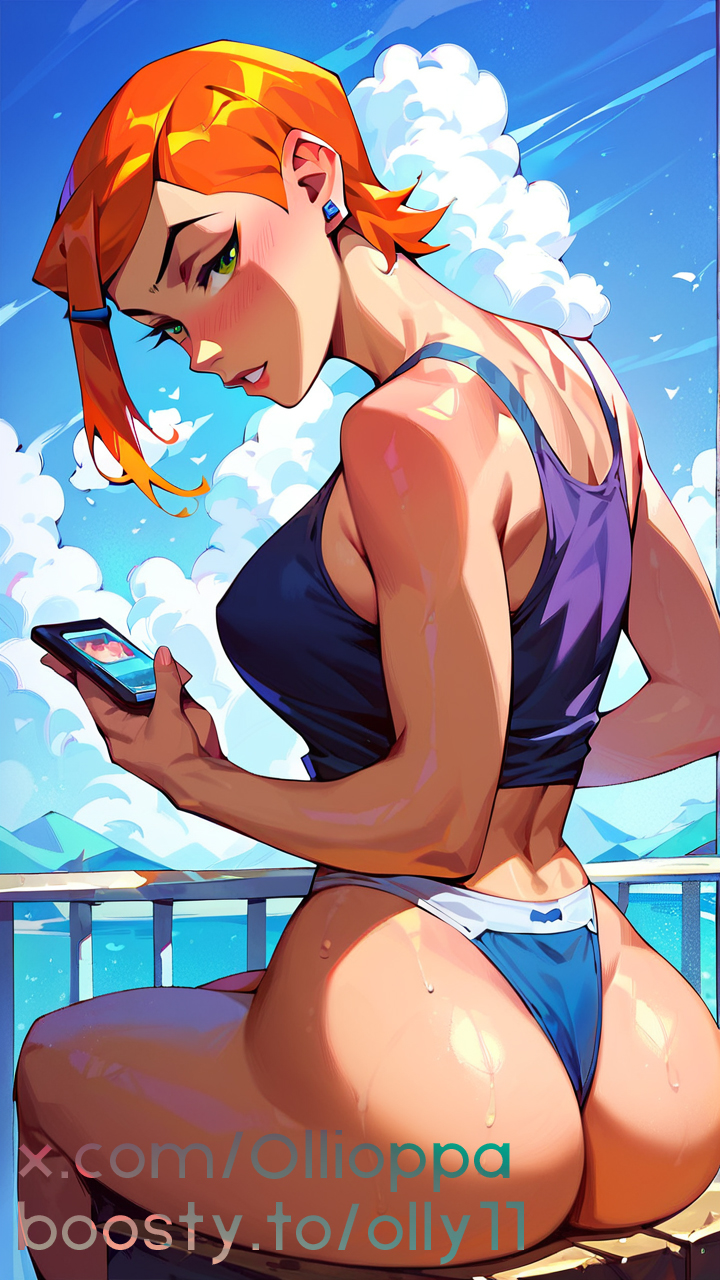 1girls, ai generated, ass, ass focus, back view, backboob, ben 10, big thighs, breasts, clothed, eye contact, female, fit, fit female, green eyes, gwen tennyson, gwen tennyson (classic), looking at viewer, ollioppa, red hair, sitting, solo, swimsuit, swimwear, thick ass, thick butt, thick thighs, thighs, toned, toned female