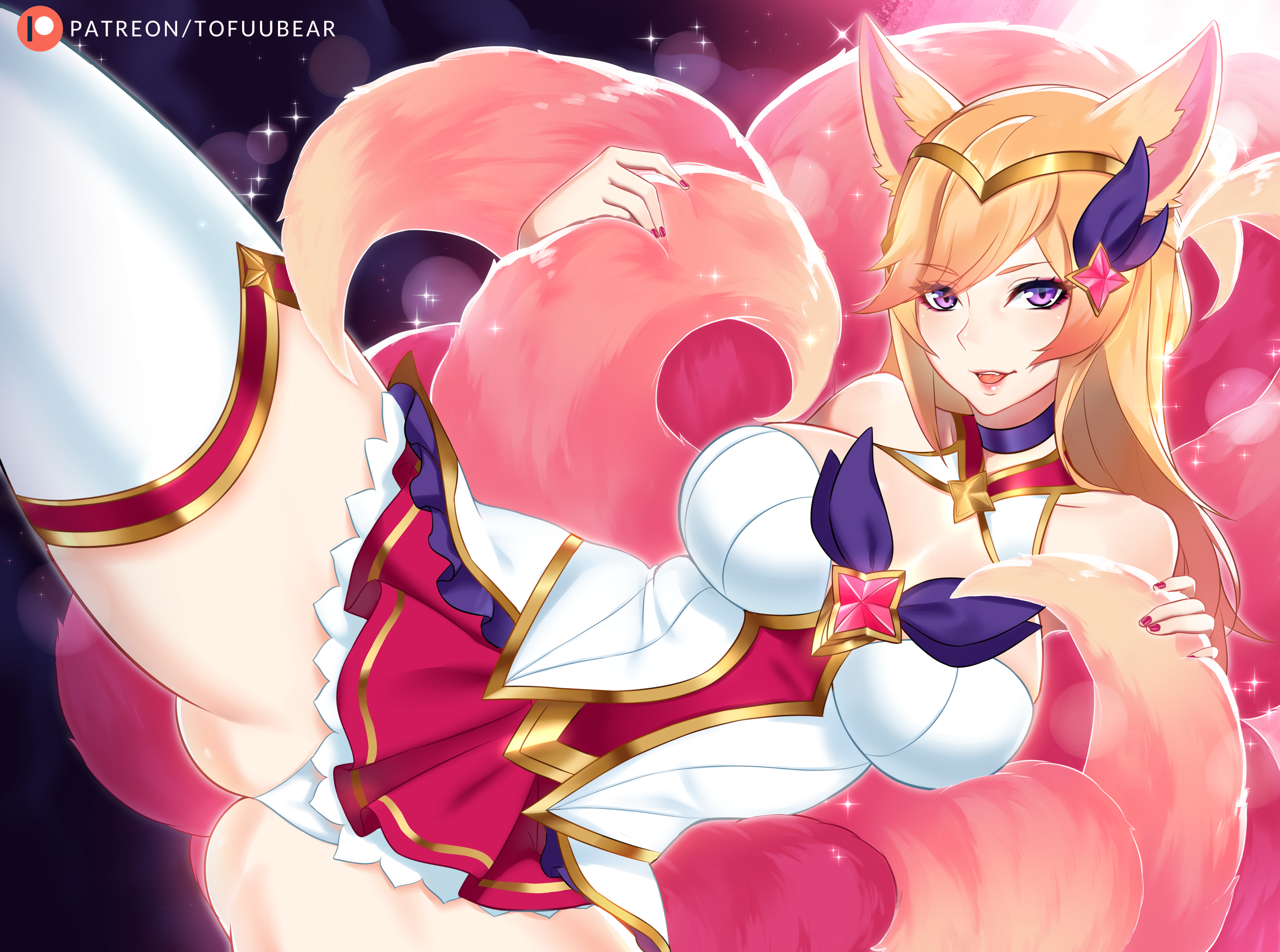 ahri, big breasts, breasts, cleavage, female, female only, league of legends, looking at viewer, pussy, solo, spread legs, star guardian, star guardian ahri, star guardian series, thighhighs, tofuubear, vastaya