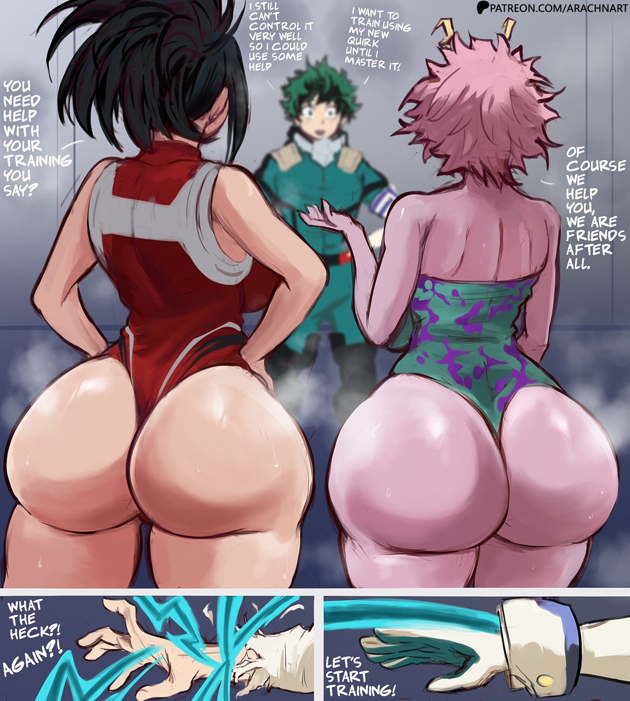 1boy, 2girls, antennae, arachnart, ass, black hair, black sclera, black-haired female, breasts, female, green hair, green-haired male, hero outfit (mha), hips, huge ass, huge breasts, human, human female, izuku midoriya, leotard, light skin, light-skinned female, light-skinned male, long hair, male, mina ashido, momo yaoyorozu, momo yaoyorozu (hero outfit), my hero academia, pink body, pink hair, pink skin, pink-haired female, superheroine, thick thighs, thighs, wide hips, yellow eyes