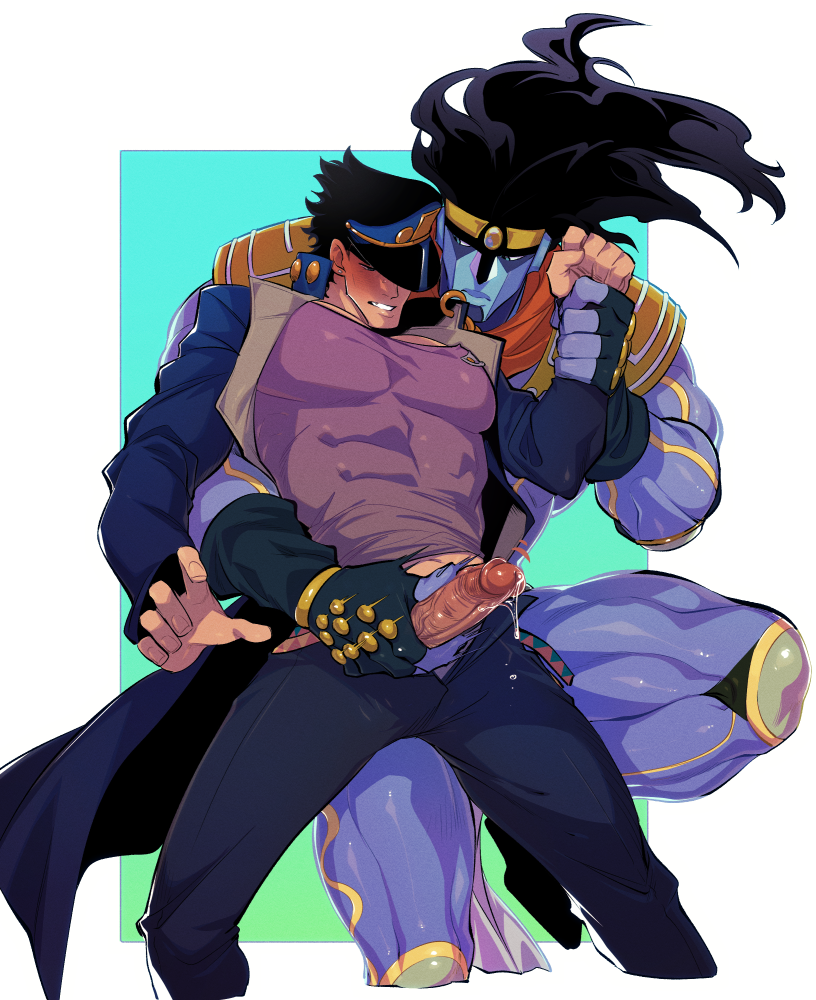 2boys bara bara_tiddies bara_tits big_penis black_hair blush clothing erection gay handjob jojo's_bizarre_adventure jotaro_kujo kukumomo male male/male male_only masturbation muscular_male penis precum precum_drip purple_skin stand_(jjba) standcest star_platinum stardust_crusaders tight_clothing yaoi