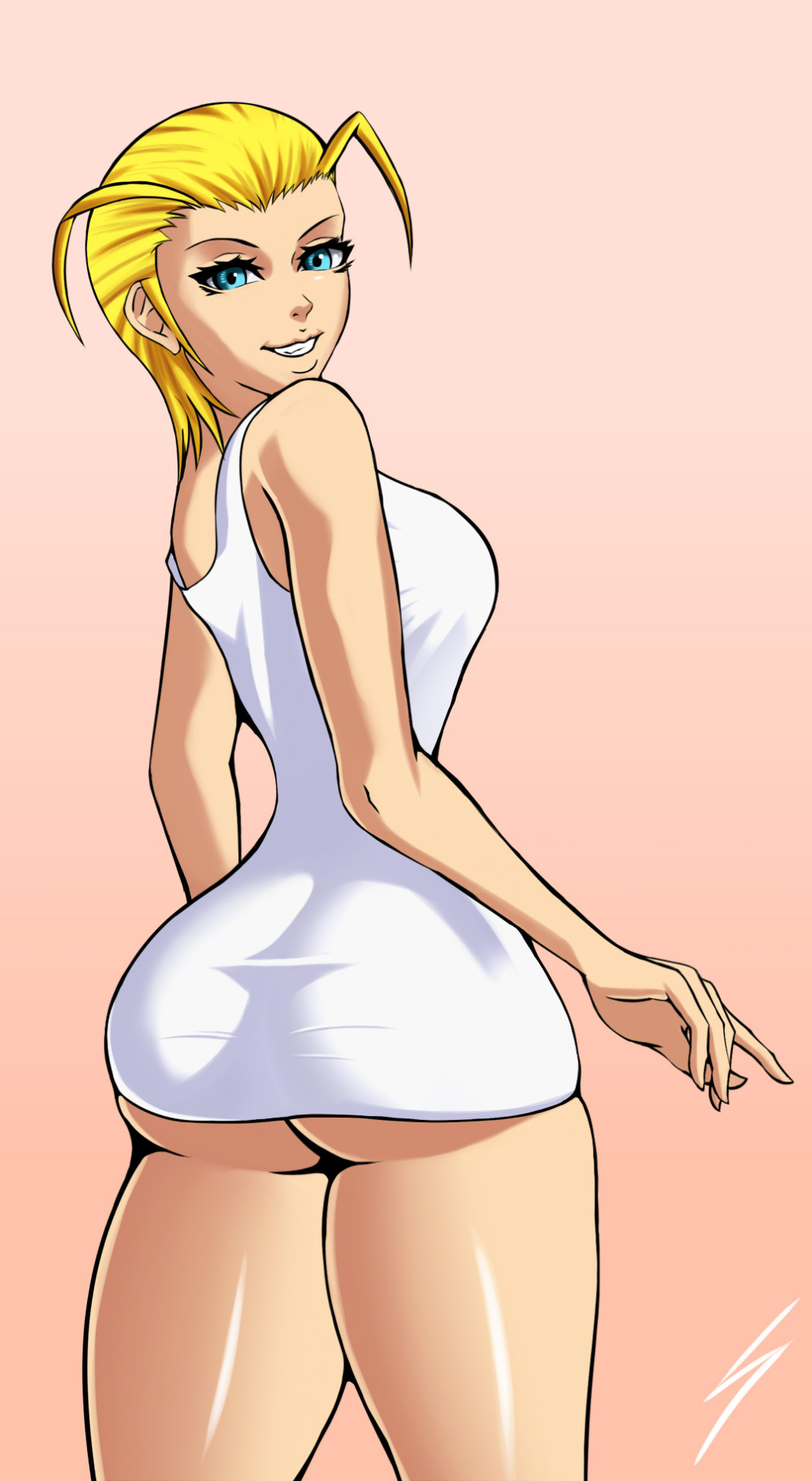 ass big_ass big_breasts blonde_hair blue_eyes breasts casual cosplay dat_ass disney female human kingdom_hearts larxene looking_at_viewer looking_back namine pale_skin smile solo sowilo square_enix