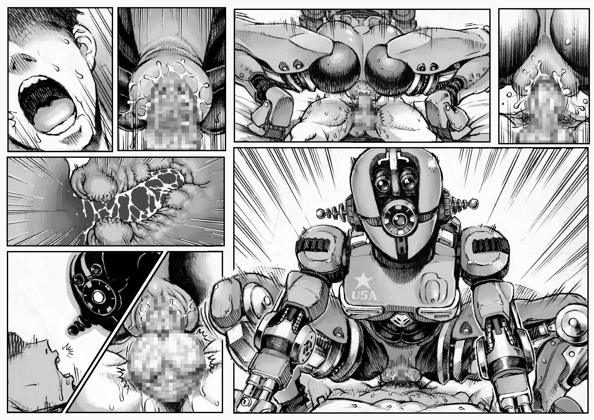 1boy, 1girls, 2017, ass, assaultron, censored, comic, cowgirl position, double deck, duo, fallout, fallout 4, female, internal view, kl-e-0, machine, male, monochrome, penetration, pussy, robot, sole survivor, sole survivor (male), straight, sweat, vaginal penetration, x-ray