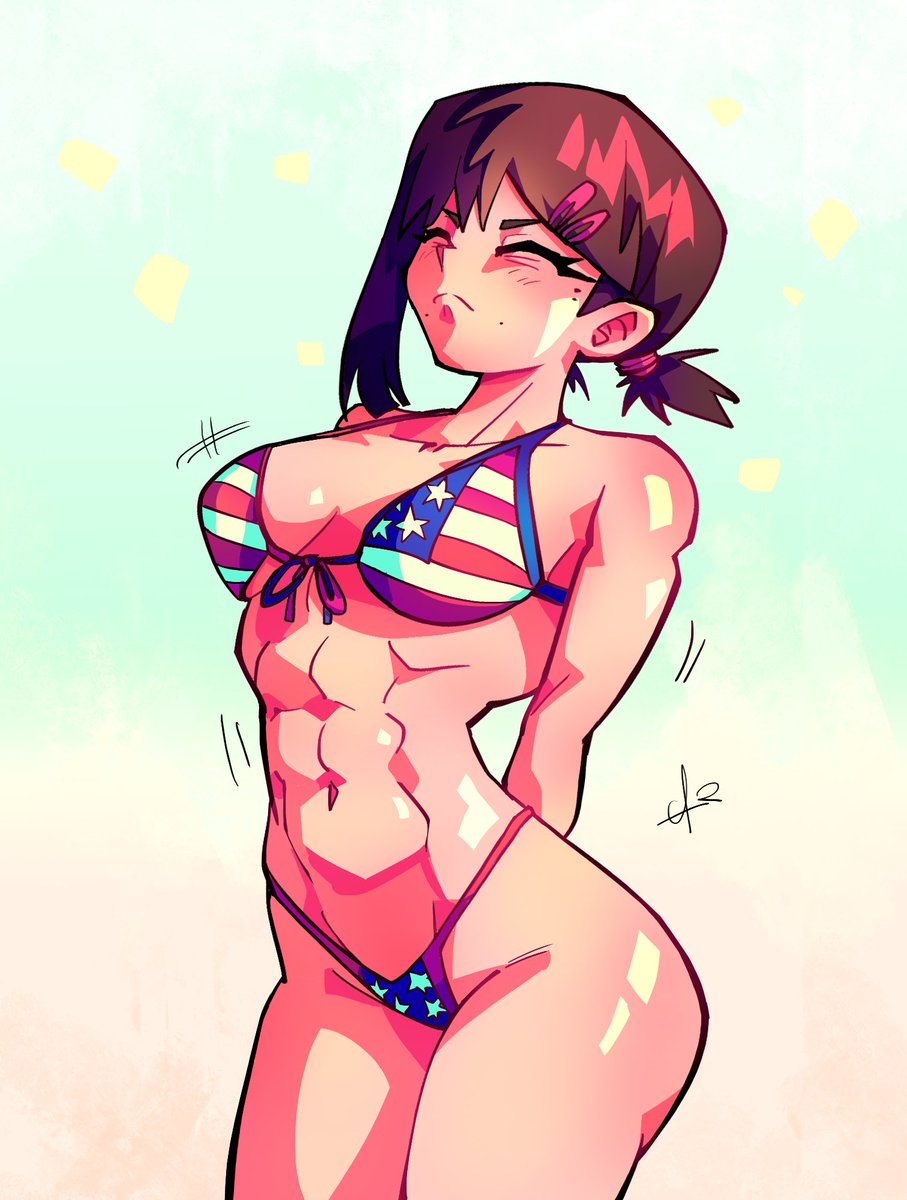 abs, american flag bikini, chainsaw man, female, higashiyama kobeni, muscular, muscular female, tagme